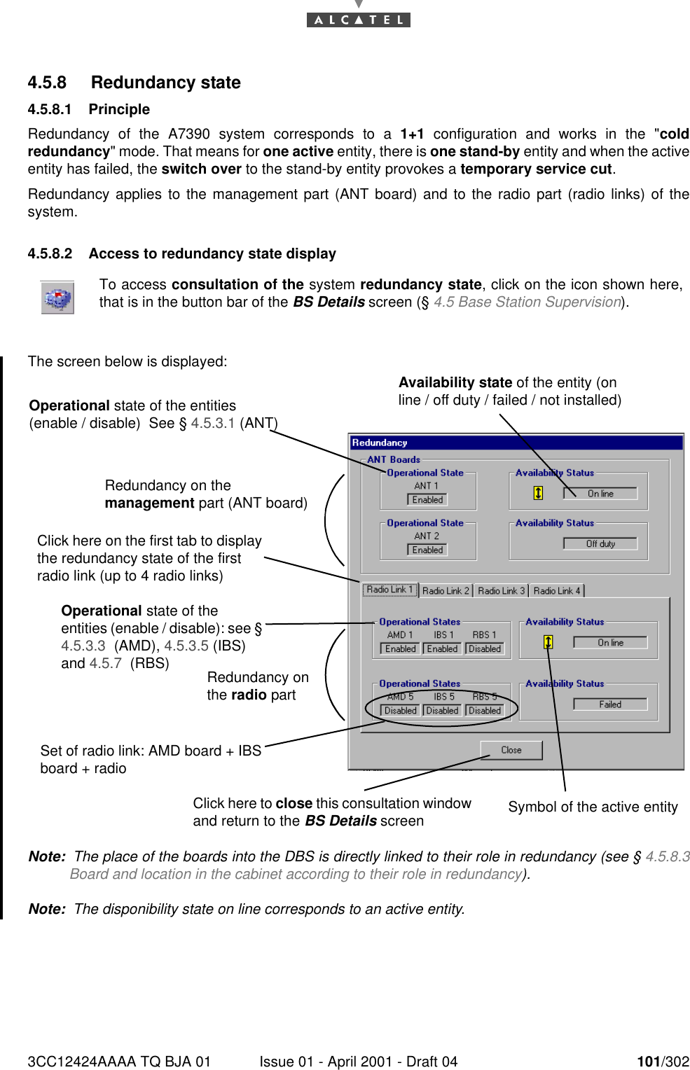 3CC12424AAAA TQ BJA 01 Issue 01 - April 2001 - Draft 04 101/3021824.5.8 Redundancy state4.5.8.1 PrincipleRedundancy of the A7390 system corresponds to a 1+1 configuration and works in the &quot;coldredundancy&quot; mode. That means for one active entity, there is one stand-by entity and when the activeentity has failed, the switch over to the stand-by entity provokes a temporary service cut.Redundancy applies to the management part (ANT board) and to the radio part (radio links) of thesystem.4.5.8.2 Access to redundancy state displayThe screen below is displayed: Note:  The place of the boards into the DBS is directly linked to their role in redundancy (see § 4.5.8.3Board and location in the cabinet according to their role in redundancy).Note:  The disponibility state on line corresponds to an active entity.To access consultation of the system redundancy state, click on the icon shown here,that is in the button bar of the BS Details screen (§ 4.5 Base Station Supervision).Operational state of the entities (enable / disable)  See § 4.5.3.1 (ANT)Availability state of the entity (on line / off duty / failed / not installed)Click here on the first tab to display the redundancy state of the first radio link (up to 4 radio links) Operational state of the entities (enable / disable): see § 4.5.3.3  (AMD), 4.5.3.5 (IBS) and 4.5.7  (RBS) Redundancy on the radio partSet of radio link: AMD board + IBS board + radioClick here to close this consultation window and return to the BS Details screen  Symbol of the active entityRedundancy on the management part (ANT board)