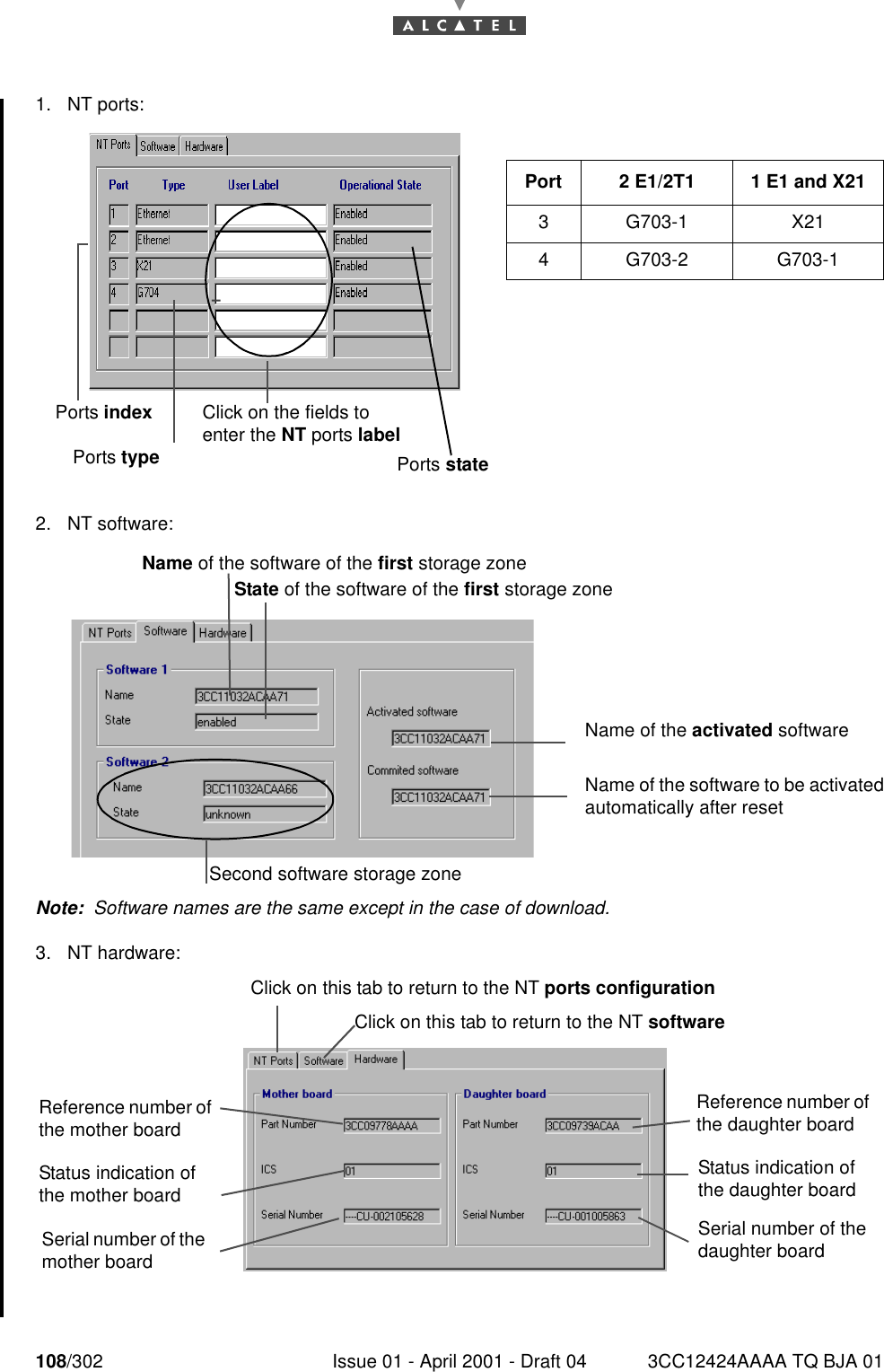 108/302 Issue 01 - April 2001 - Draft 04 3CC12424AAAA TQ BJA 011821. NT ports: 2. NT software:Note:  Software names are the same except in the case of download.3. NT hardware: Port 2 E1/2T1 1 E1 and X213 G703-1 X214 G703-2 G703-1Ports indexPorts typeClick on the fields to enter the NT ports labelPorts stateName of the software of the first storage zone State of the software of the first storage zoneName of the activated softwareName of the software to be activated automatically after resetSecond software storage zoneClick on this tab to return to the NT softwareClick on this tab to return to the NT ports configurationSerial number of the mother boardStatus indication of the mother boardReference number of the mother boardSerial number of the daughter boardStatus indication of the daughter boardReference number of the daughter board