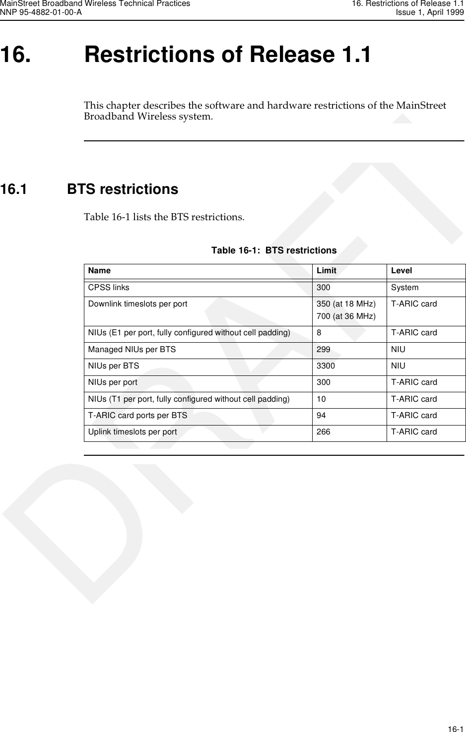 MainStreet Broadband Wireless Technical Practices 16. Restrictions of Release 1.1NNP 95-4882-01-00-A Issue 1, April 1999   16-1DRAFT16. Restrictions of Release 1.1This chapter describes the software and hardware restrictions of the MainStreet Broadband Wireless system.16.1 BTS restrictionsTable 16-1 lists the BTS restrictions.Table 16-1:  BTS restrictionsName Limit LevelCPSS links 300 SystemDownlink timeslots per port 350 (at 18 MHz)700 (at 36 MHz)T-ARIC cardNIUs (E1 per port, fully configured without cell padding) 8 T-ARIC cardManaged NIUs per BTS 299 NIUNIUs per BTS 3300 NIUNIUs per port 300 T-ARIC cardNIUs (T1 per port, fully configured without cell padding) 10 T-ARIC cardT-ARIC card ports per BTS 94 T-ARIC cardUplink timeslots per port 266 T-ARIC card