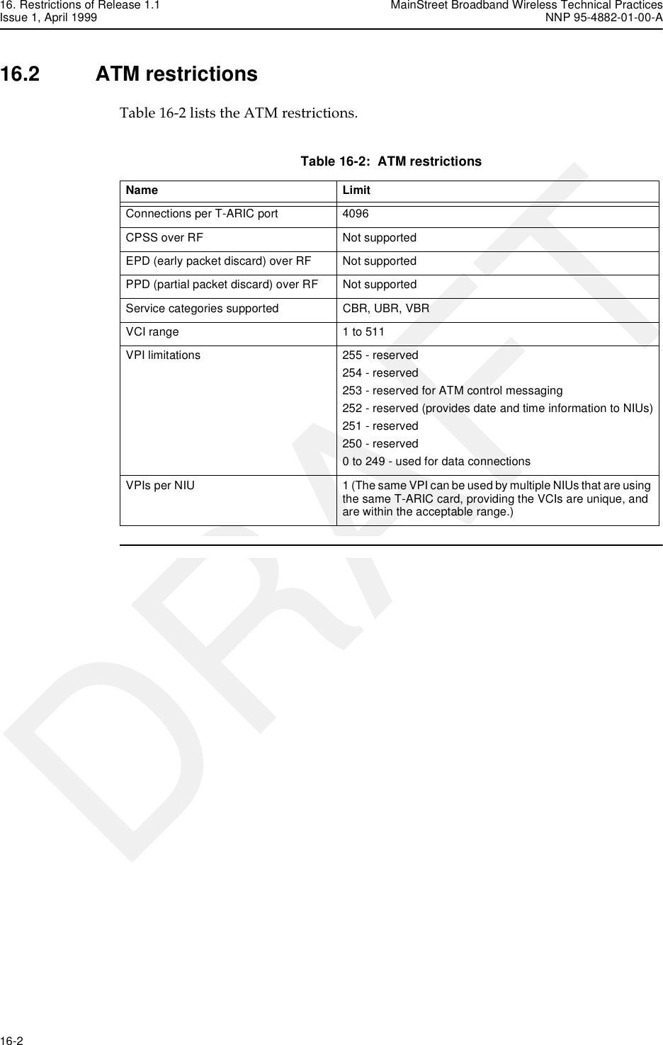 16. Restrictions of Release 1.1 MainStreet Broadband Wireless Technical PracticesIssue 1, April 1999 NNP 95-4882-01-00-A16-2   DRAFT16.2 ATM restrictionsTable 16-2 lists the ATM restrictions.Table 16-2:  ATM restrictionsName LimitConnections per T-ARIC port 4096CPSS over RF Not supportedEPD (early packet discard) over RF Not supportedPPD (partial packet discard) over RF Not supportedService categories supported CBR, UBR, VBR VCI range 1 to 511VPI limitations 255 - reserved254 - reserved253 - reserved for ATM control messaging252 - reserved (provides date and time information to NIUs)251 - reserved250 - reserved0 to 249 - used for data connectionsVPIs per NIU 1 (The same VPI can be used by multiple NIUs that are using the same T-ARIC card, providing the VCIs are unique, and are within the acceptable range.)