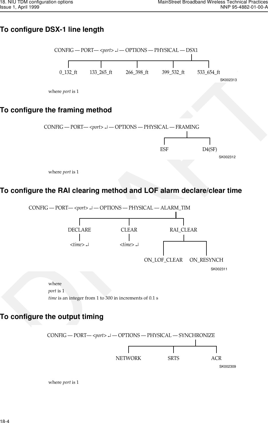 18. NIU TDM configuration options MainStreet Broadband Wireless Technical PracticesIssue 1, April 1999 NNP 95-4882-01-00-A18-4   DRAFTTo configure DSX-1 line lengthwhere port is 1To configure the framing methodwhere port is 1To configure the RAI clearing method and LOF alarm declare/clear timewhere port is 1time is an integer from 1 to 300 in increments of 0.1 sTo configure the output timingwhere port is 1CONFIG — PORT— &lt;port&gt; ↵ — OPTIONS — PHYSICAL — DSX1SK002313533_654_ft0_132_ft 133_265_ft 266_398_ft 399_532_ftCONFIG — PORT— &lt;port&gt; ↵ — OPTIONS — PHYSICAL — FRAMINGSK002312D4(SF)ESFCONFIG — PORT— &lt;port&gt; ↵ — OPTIONS — PHYSICAL — ALARM_TIMSK002311RAI_CLEARDECLARE&lt;time&gt; ↵&lt;time&gt; ↵CLEARON_LOF_CLEAR ON_RESYNCHCONFIG — PORT— &lt;port&gt; ↵ — OPTIONS — PHYSICAL — SYNCHRONIZESK002309ACRNETWORK SRTS