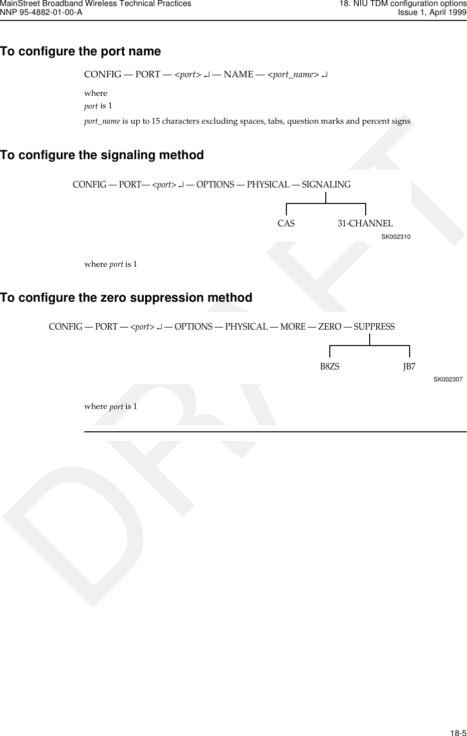 MainStreet Broadband Wireless Technical Practices 18. NIU TDM configuration optionsNNP 95-4882-01-00-A Issue 1, April 1999   18-5DRAFTTo configure the port nameCONFIG — PORT — &lt;port&gt; ↵ — NAME — &lt;port_name&gt; ↵where port is 1port_name is up to 15 characters excluding spaces, tabs, question marks and percent signsTo configure the signaling methodwhere port is 1To configure the zero suppression methodwhere port is 1CONFIG — PORT— &lt;port&gt; ↵ — OPTIONS — PHYSICAL — SIGNALINGSK00231031-CHANNELCASCONFIG — PORT — &lt;port&gt; ↵ — OPTIONS — PHYSICAL — MORE — ZERO — SUPPRESSSK002307JB7B8ZS