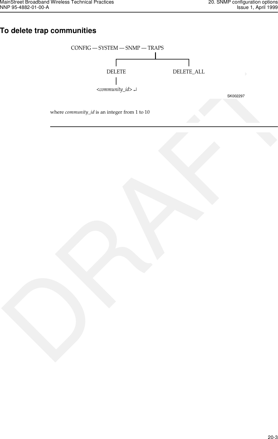 MainStreet Broadband Wireless Technical Practices 20. SNMP configuration optionsNNP 95-4882-01-00-A Issue 1, April 1999   20-3DRAFTTo delete trap communitieswhere community_id is an integer from 1 to 10CONFIG — SYSTEM — SNMP — TRAPSSK002297DELETE_ALLDELETE&lt;community_id&gt; ↵