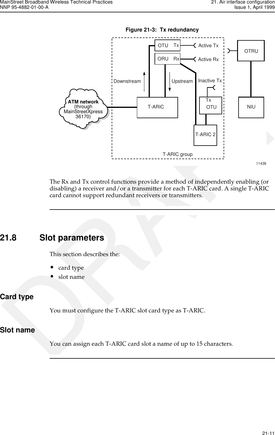 MainStreet Broadband Wireless Technical Practices 21. Air interface configurationNNP 95-4882-01-00-A Issue 1, April 1999   21-11DRAFTFigure 21-3:  Tx redundancyThe Rx and Tx control functions provide a method of independently enabling (or disabling) a receiver and/or a transmitter for each T-ARIC card. A single T-ARIC card cannot support redundant receivers or transmitters.21.8 Slot parametersThis section describes the:•card type•slot nameCard typeYou must configure the T-ARIC slot card type as T-ARIC.Slot nameYou can assign each T-ARIC card slot a name of up to 15 characters.11438T-ARIC 2ATM network(throughMainStreetXpress36170)OTRUNIUOTUTxInactive TxActive TxActive RxT-ARIC groupT-ARICDownstream UpstreamOTUORUTxRx