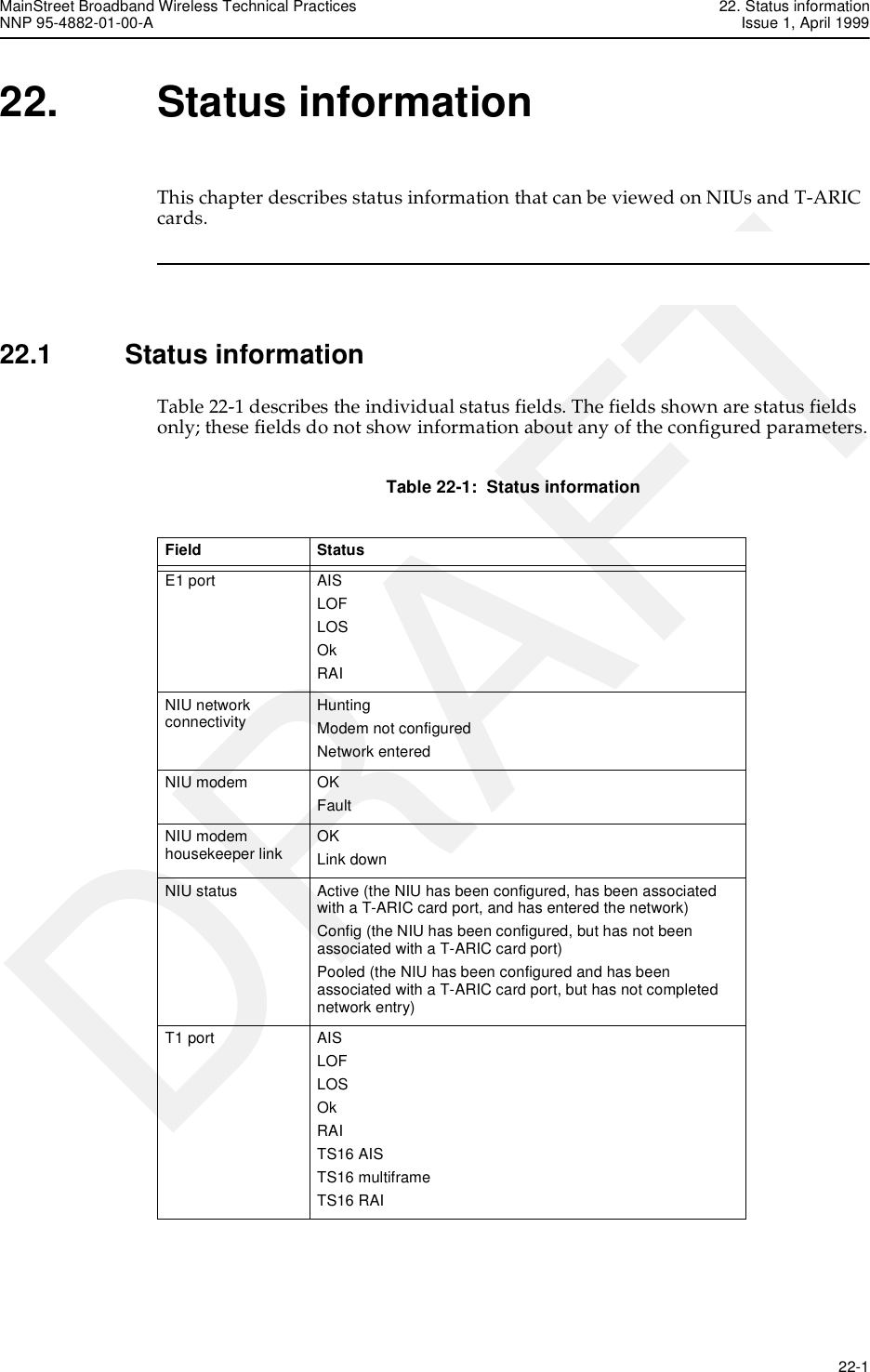 MainStreet Broadband Wireless Technical Practices 22. Status informationNNP 95-4882-01-00-A Issue 1, April 1999   22-1DRAFT22. Status informationThis chapter describes status information that can be viewed on NIUs and T-ARIC cards.22.1 Status informationTable 22-1 describes the individual status fields. The fields shown are status fields only; these fields do not show information about any of the configured parameters.Table 22-1:  Status informationField StatusE1 port AISLOFLOSOkRAINIU network connectivity HuntingModem not configuredNetwork enteredNIU modem OKFaultNIU modem housekeeper link OKLink downNIU status Active (the NIU has been configured, has been associated with a T-ARIC card port, and has entered the network)Config (the NIU has been configured, but has not been associated with a T-ARIC card port)Pooled (the NIU has been configured and has been associated with a T-ARIC card port, but has not completed network entry)T1 port AISLOFLOSOkRAITS16 AISTS16 multiframeTS16 RAI