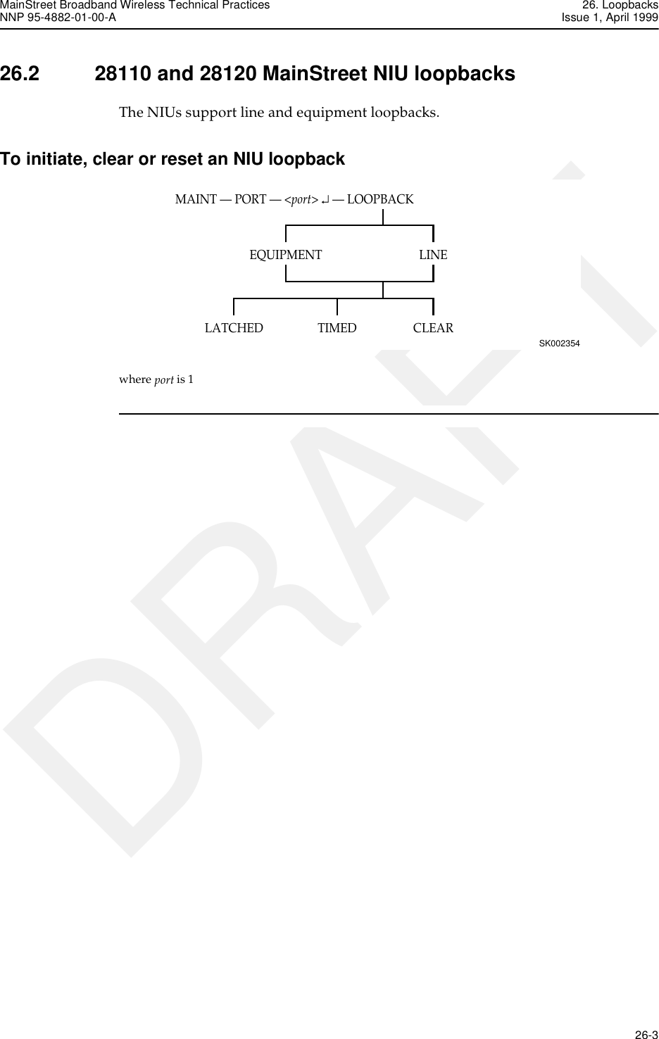 MainStreet Broadband Wireless Technical Practices 26. LoopbacksNNP 95-4882-01-00-A Issue 1, April 1999   26-3DRAFT26.2 28110 and 28120 MainStreet NIU loopbacksThe NIUs support line and equipment loopbacks.To initiate, clear or reset an NIU loopbackwhere port is 1MAINT — PORT — &lt;port&gt; ↵ — LOOPBACKSK002354LINEEQUIPMENTCLEARTIMEDLATCHED