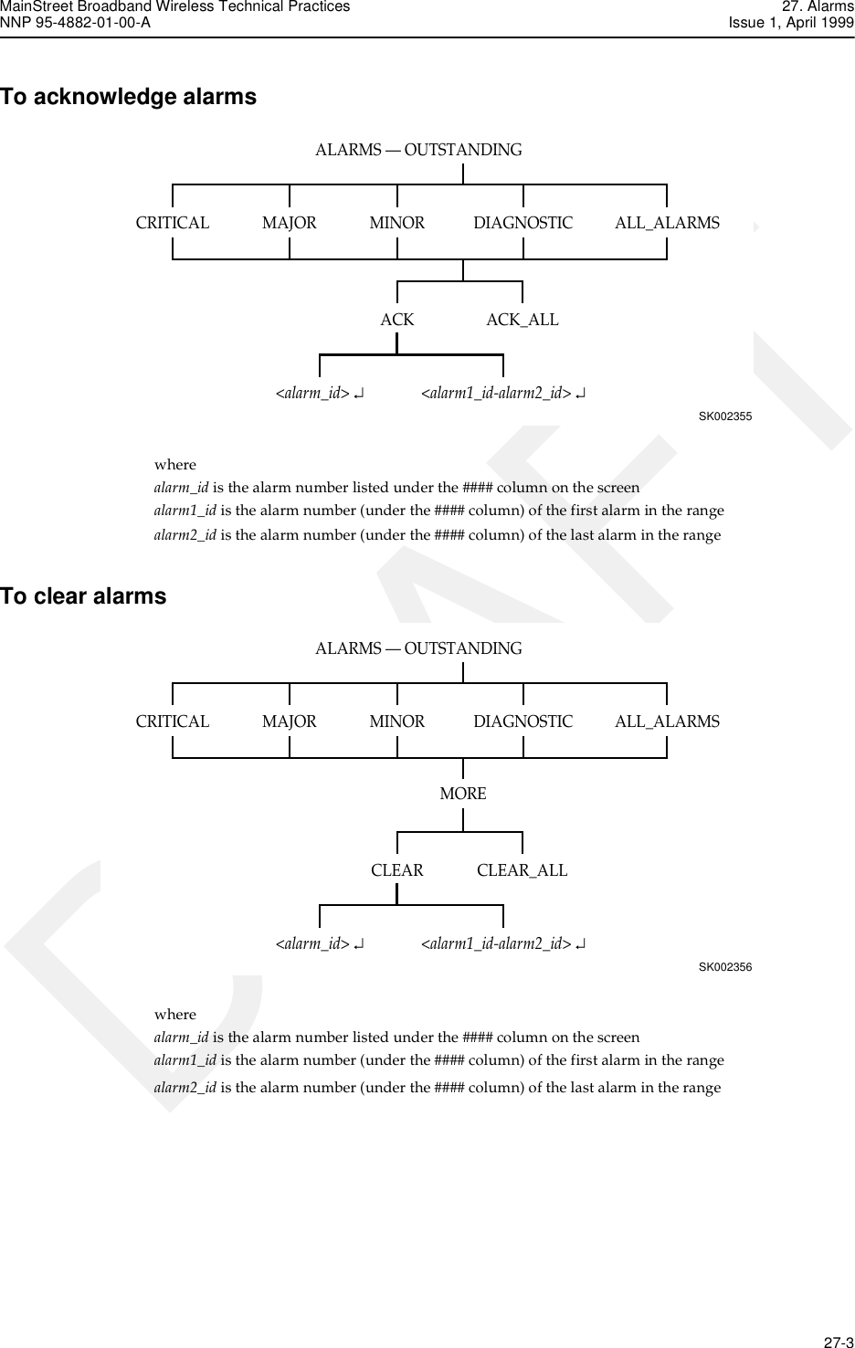 MainStreet Broadband Wireless Technical Practices 27. AlarmsNNP 95-4882-01-00-A Issue 1, April 1999   27-3DRAFTTo acknowledge alarmswhere alarm_id is the alarm number listed under the #### column on the screenalarm1_id is the alarm number (under the #### column) of the first alarm in the rangealarm2_id is the alarm number (under the #### column) of the last alarm in the rangeTo clear alarmswhere alarm_id is the alarm number listed under the #### column on the screenalarm1_id is the alarm number (under the #### column) of the first alarm in the rangealarm2_id is the alarm number (under the #### column) of the last alarm in the rangeALARMS — OUTSTANDINGSK002355ALL_ALARMSCRITICAL MINORMAJOR DIAGNOSTICACK_ALLACK&lt;alarm1_id-alarm2_id&gt; ↵&lt;alarm_id&gt; ↵ALARMS — OUTSTANDINGSK002356ALL_ALARMSCRITICAL MINORMAJOR DIAGNOSTICCLEAR_ALLCLEAR&lt;alarm1_id-alarm2_id&gt; ↵&lt;alarm_id&gt; ↵MORE