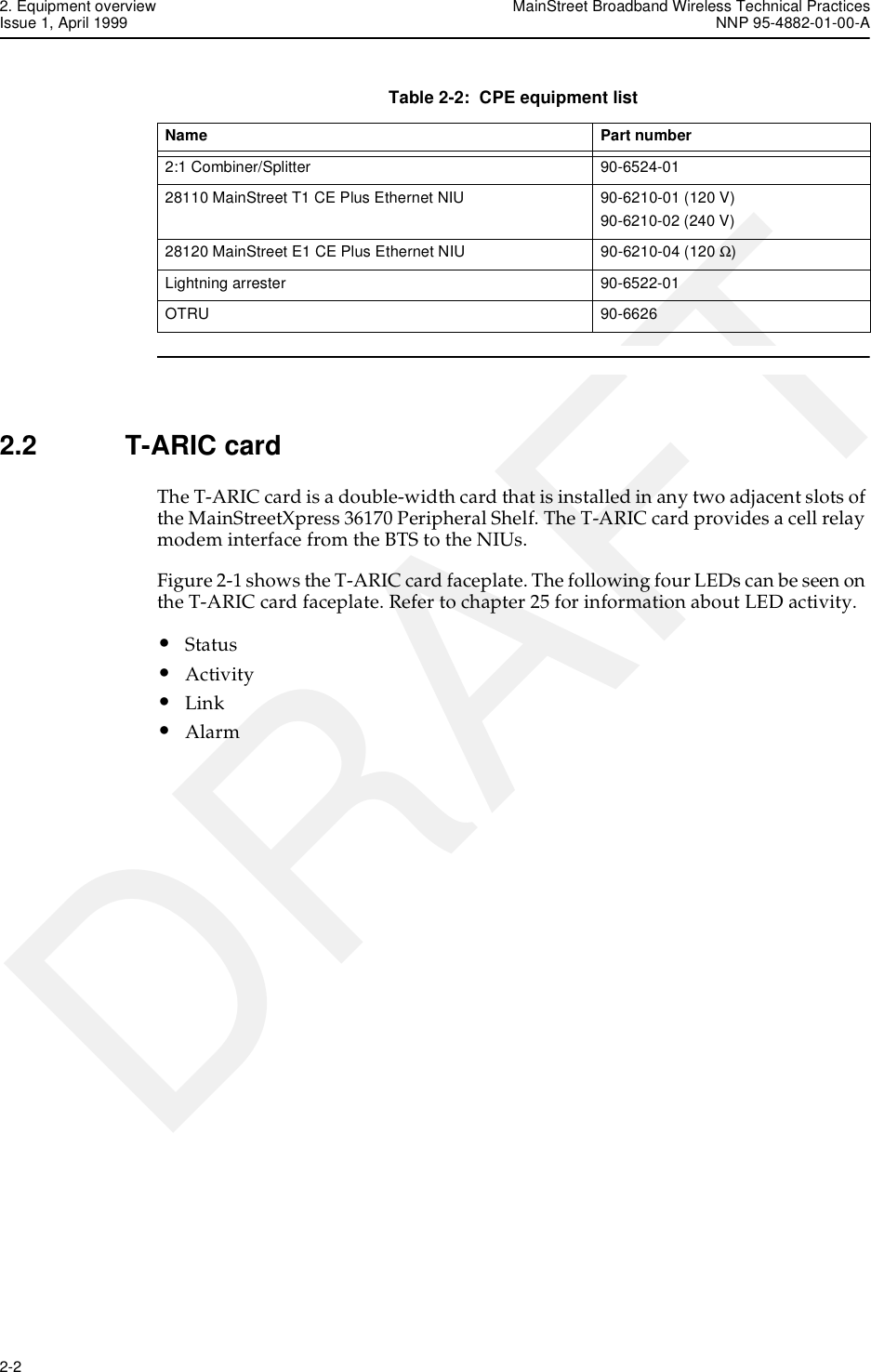 2. Equipment overview MainStreet Broadband Wireless Technical PracticesIssue 1, April 1999 NNP 95-4882-01-00-A2-2   DRAFTTable 2-2:  CPE equipment list2.2 T-ARIC cardThe T-ARIC card is a double-width card that is installed in any two adjacent slots of the MainStreetXpress 36170 Peripheral Shelf. The T-ARIC card provides a cell relay modem interface from the BTS to the NIUs.Figure 2-1 shows the T-ARIC card faceplate. The following four LEDs can be seen on the T-ARIC card faceplate. Refer to chapter 25 for information about LED activity. •Status•Activity•Link•AlarmName Part number2:1 Combiner/Splitter 90-6524-0128110 MainStreet T1 CE Plus Ethernet NIU 90-6210-01 (120 V)90-6210-02 (240 V)28120 MainStreet E1 CE Plus Ethernet NIU 90-6210-04 (120 Ω)Lightning arrester 90-6522-01OTRU 90-6626