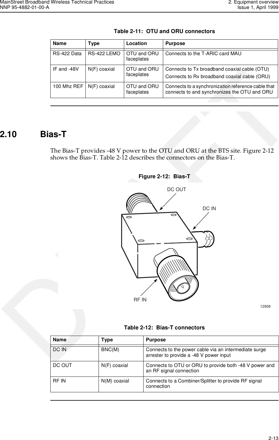 MainStreet Broadband Wireless Technical Practices 2. Equipment overviewNNP 95-4882-01-00-A Issue 1, April 1999   2-13DRAFTTable 2-11:  OTU and ORU connectors2.10 Bias-TThe Bias-T provides -48 V power to the OTU and ORU at the BTS site. Figure 2-12 shows the Bias-T. Table 2-12 describes the connectors on the Bias-T.Figure 2-12:  Bias-TTable 2-12:  Bias-T connectorsName Type Location PurposeRS-422 Data RS-422 LEMO OTU and ORU faceplates Connects to the T-ARIC card MAUIF and -48V N(F) coaxial OTU and ORU faceplates Connects to Tx broadband coaxial cable (OTU)Connects to Rx broadband coaxial cable (ORU)100 Mhz REF N(F) coaxial OTU and ORU faceplates Connects to a synchronization reference cable that connects to and synchronizes the OTU and ORUName Type PurposeDC IN BNC(M) Connects to the power cable via an intermediate surge arrester to provide a -48 V power inputDC OUT N(F) coaxial Connects to OTU or ORU to provide both -48 V power and an RF signal connectionRF IN N(M) coaxial Connects to a Combiner/Splitter to provide RF signal connection12908DC OUTDC INRF IN