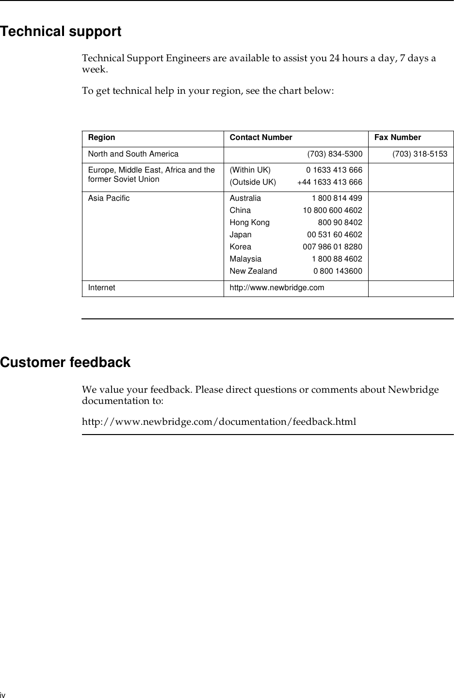 iv  Technical supportTechnical Support Engineers are available to assist you 24 hours a day, 7 days a week.To get technical help in your region, see the chart below:Customer feedbackWe value your feedback. Please direct questions or comments about Newbridge documentation to:http://www.newbridge.com/documentation/feedback.htmlRegion Contact Number Fax NumberNorth and South America        (703) 834-5300 (703) 318-5153Europe, Middle East, Africa and the former Soviet Union (Within UK)                0 1633 413 666(Outside UK)          +44 1633 413 666Asia Pacific Australia                           1 800 814 499China                            10 800 600 4602Hong Kong                          800 90 8402Japan                              00 531 60 4602Korea                            007 986 01 8280Malaysia                           1 800 88 4602New Zealand                   0 800 143600Internet http://www.newbridge.com