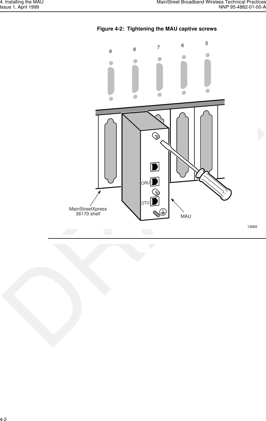 4. Installing the MAU MainStreet Broadband Wireless Technical PracticesIssue 1, April 1999 NNP 95-4882-01-00-A4-2   DRAFTFigure 4-2:  Tightening the MAU captive screws13002MainStreetXpress36170 shelf MAU98765ORUTxRxOTUORUOTU