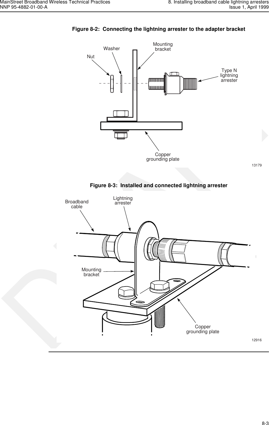 MainStreet Broadband Wireless Technical Practices 8. Installing broadband cable lightning arrestersNNP 95-4882-01-00-A Issue 1, April 1999   8-3DRAFTFigure 8-2:  Connecting the lightning arrester to the adapter bracketFigure 8-3:  Installed and connected lightning arresterType NlightningarresterMountingbracketWasherNutCoppergrounding plate13179MountingbracketLightningarresterBroadbandcableCoppergrounding plate12916