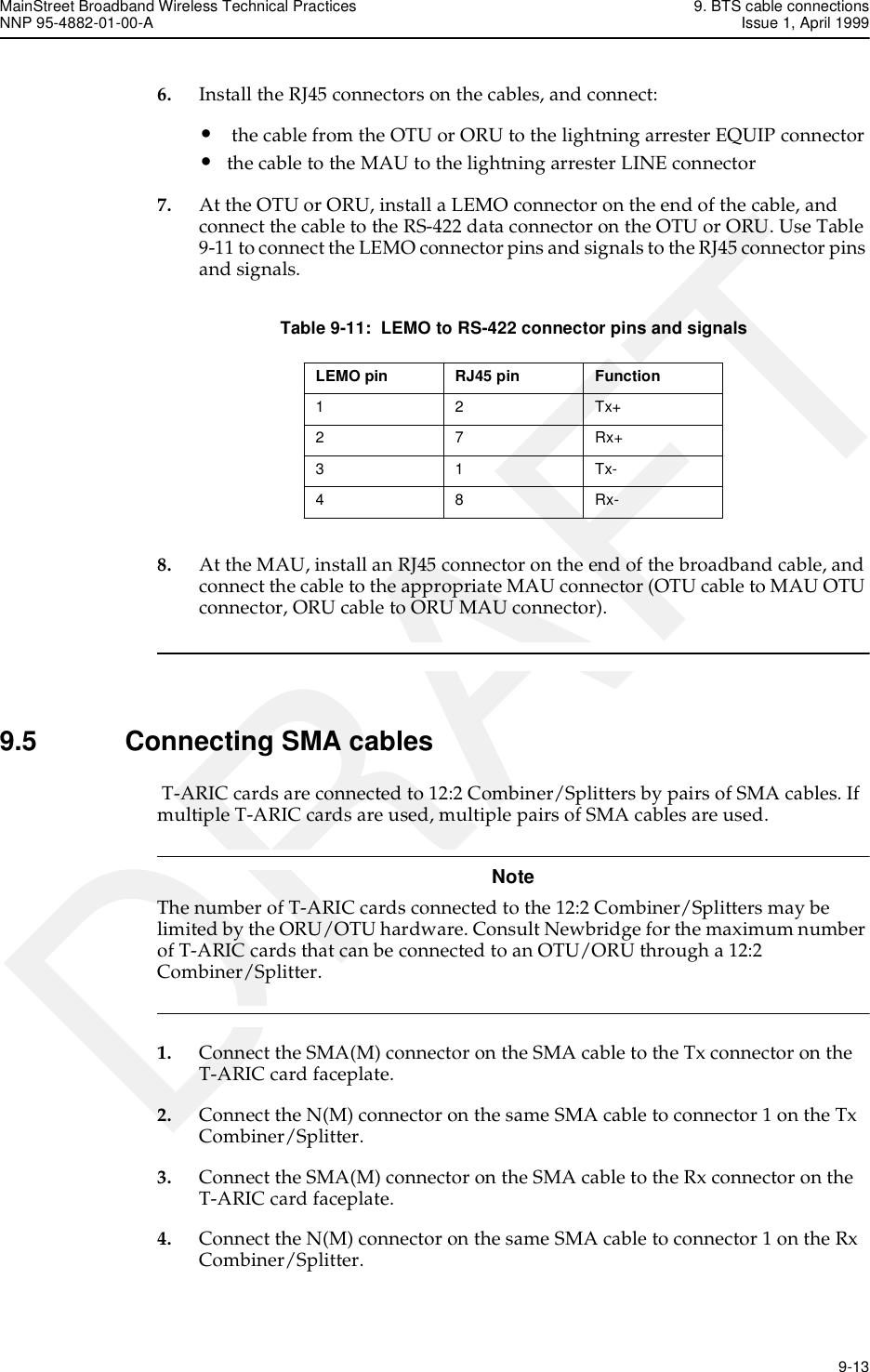 MainStreet Broadband Wireless Technical Practices 9. BTS cable connectionsNNP 95-4882-01-00-A Issue 1, April 1999   9-13DRAFT6. Install the RJ45 connectors on the cables, and connect:• the cable from the OTU or ORU to the lightning arrester EQUIP connector•the cable to the MAU to the lightning arrester LINE connector7. At the OTU or ORU, install a LEMO connector on the end of the cable, and connect the cable to the RS-422 data connector on the OTU or ORU. Use Table 9-11 to connect the LEMO connector pins and signals to the RJ45 connector pins and signals.Table 9-11:  LEMO to RS-422 connector pins and signals8. At the MAU, install an RJ45 connector on the end of the broadband cable, and connect the cable to the appropriate MAU connector (OTU cable to MAU OTU connector, ORU cable to ORU MAU connector).9.5 Connecting SMA cables T-ARIC cards are connected to 12:2 Combiner/Splitters by pairs of SMA cables. If multiple T-ARIC cards are used, multiple pairs of SMA cables are used. NoteThe number of T-ARIC cards connected to the 12:2 Combiner/Splitters may be limited by the ORU/OTU hardware. Consult Newbridge for the maximum number of T-ARIC cards that can be connected to an OTU/ORU through a 12:2 Combiner/Splitter. 1. Connect the SMA(M) connector on the SMA cable to the Tx connector on the T-ARIC card faceplate.2. Connect the N(M) connector on the same SMA cable to connector 1 on the Tx Combiner/Splitter.3. Connect the SMA(M) connector on the SMA cable to the Rx connector on the T-ARIC card faceplate.4. Connect the N(M) connector on the same SMA cable to connector 1 on the Rx Combiner/Splitter.LEMO pin RJ45 pin Function12Tx+27Rx+31Tx-48Rx-