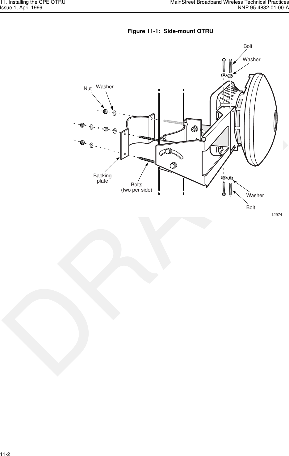 11. Installing the CPE OTRU MainStreet Broadband Wireless Technical PracticesIssue 1, April 1999 NNP 95-4882-01-00-A11-2   DRAFTFigure 11-1:  Side-mount OTRU12974BackingplateWasherNutBoltWasherBolts(two per side)BoltWasher