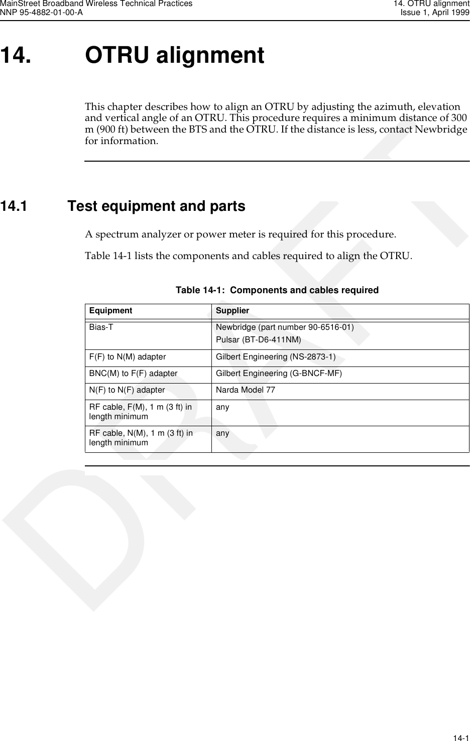 MainStreet Broadband Wireless Technical Practices 14. OTRU alignmentNNP 95-4882-01-00-A Issue 1, April 1999   14-1DRAFT14. OTRU alignment This chapter describes how to align an OTRU by adjusting the azimuth, elevation and vertical angle of an OTRU. This procedure requires a minimum distance of 300 m (900 ft) between the BTS and the OTRU. If the distance is less, contact Newbridge for information.14.1 Test equipment and partsA spectrum analyzer or power meter is required for this procedure.Table 14-1 lists the components and cables required to align the OTRU.Table 14-1:  Components and cables requiredEquipment SupplierBias-T Newbridge (part number 90-6516-01)Pulsar (BT-D6-411NM)F(F) to N(M) adapter Gilbert Engineering (NS-2873-1)BNC(M) to F(F) adapter  Gilbert Engineering (G-BNCF-MF)N(F) to N(F) adapter Narda Model 77RF cable, F(M), 1 m (3 ft) in length minimum anyRF cable, N(M), 1 m (3 ft) in length minimum any