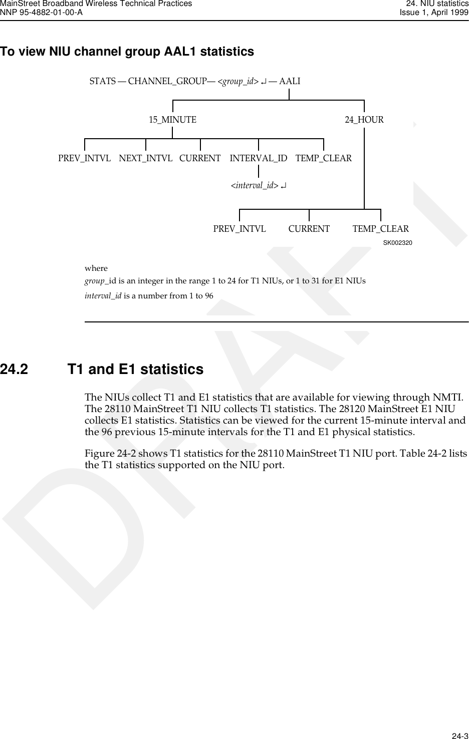 MainStreet Broadband Wireless Technical Practices 24. NIU statisticsNNP 95-4882-01-00-A Issue 1, April 1999   24-3DRAFTTo view NIU channel group AAL1 statisticswheregroup_id is an integer in the range 1 to 24 for T1 NIUs, or 1 to 31 for E1 NIUsinterval_id is a number from 1 to 9624.2 T1 and E1 statisticsThe NIUs collect T1 and E1 statistics that are available for viewing through NMTI. The 28110 MainStreet T1 NIU collects T1 statistics. The 28120 MainStreet E1 NIU collects E1 statistics. Statistics can be viewed for the current 15-minute interval and the 96 previous 15-minute intervals for the T1 and E1 physical statistics.Figure 24-2 shows T1 statistics for the 28110 MainStreet T1 NIU port. Table 24-2 lists the T1 statistics supported on the NIU port.STATS — CHANNEL_GROUP— &lt;group_id&gt; ↵ — AALISK00232024_HOUR15_MINUTEINTERVAL_ID&lt;interval_id&gt; ↵TEMP_CLEARPREV_INTVL NEXT_INTVL CURRENTTEMP_CLEARPREV_INTVL CURRENT