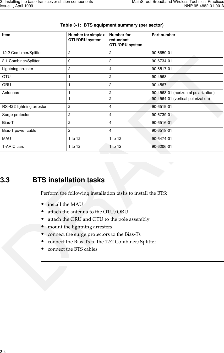 3. Installing the base transceiver station components MainStreet Broadband Wireless Technical PracticesIssue 1, April 1999 NNP 95-4882-01-00-A3-4   DRAFTTable 3-1:  BTS equipment summary (per sector)3.3 BTS installation tasksPerform the following installation tasks to install the BTS:•install the MAU•attach the antenna to the OTU/ORU•attach the ORU and OTU to the pole assembly•mount the lightning arresters•connect the surge protectors to the Bias-Ts•connect the Bias-Ts to the 12:2 Combiner/Splitter•connect the BTS cablesItem Number for simplex OTU/ORU system Number for redundant OTU/ORU systemPart number12:2 Combiner/Splitter 2 2 90-6659-012:1 Combiner/Splitter 0 2 90-6734-01Lightning arrester 2 4 90-6517-01OTU 1 2 90-4568ORU 1 2 90-4567Antennas 112290-4563-01 (horizontal polarization)90-4564-01 (vertical polarization)RS-422 lightning arrester 2 4 90-6519-01Surge protector 2 4 90-6739-01Bias-T 2 4 90-6516-01Bias-T power cable 2 4 90-6518-01MAU 1 to 12 1 to 12 90-6474-01T-ARIC card 1 to 12 1 to 12 90-6206-01