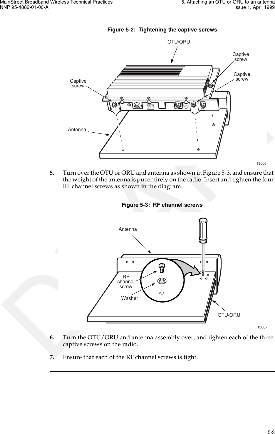 MainStreet Broadband Wireless Technical Practices 5. Attaching an OTU or ORU to an antennaNNP 95-4882-01-00-A Issue 1, April 1999   5-3DRAFTFigure 5-2:  Tightening the captive screws5. Turn over the OTU or ORU and antenna as shown in Figure 5-3, and ensure that the weight of the antenna is put entirely on the radio. Insert and tighten the four RF channel screws as shown in the diagram.Figure 5-3:  RF channel screws6. Turn the OTU/ORU and antenna assembly over, and tighten each of the three captive screws on the radio.7. Ensure that each of the RF channel screws is tight.13006100 MhzIF &amp;-48 VRS-422DataCaptivescrewAntennaOTU/ORUCaptivescrewCaptivescrewAntenna13007RFchannelscrewWasherOTU/ORU