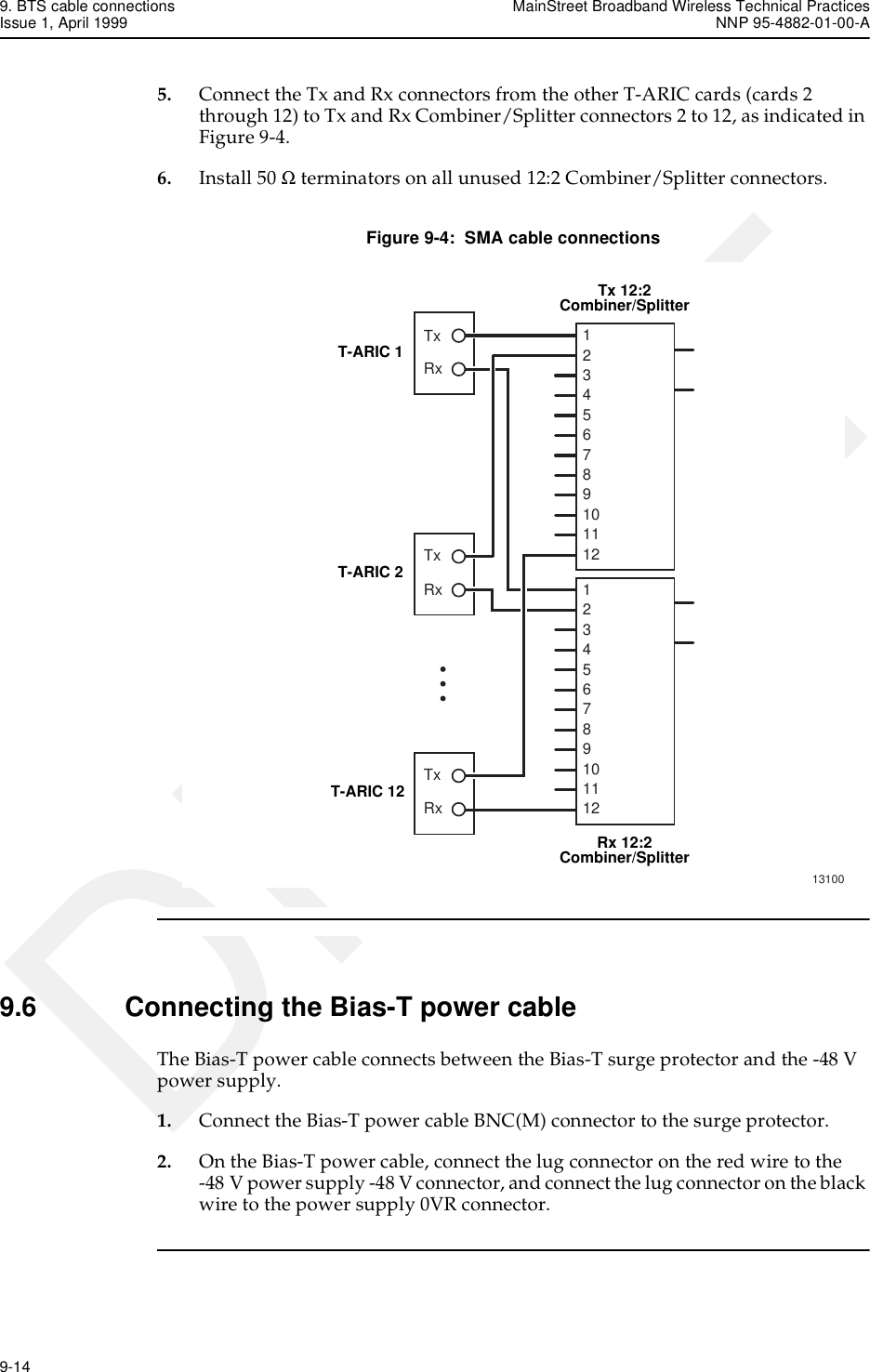 9. BTS cable connections MainStreet Broadband Wireless Technical PracticesIssue 1, April 1999 NNP 95-4882-01-00-A9-14   DRAFT5. Connect the Tx and Rx connectors from the other T-ARIC cards (cards 2 through 12) to Tx and Rx Combiner/Splitter connectors 2 to 12, as indicated in Figure 9-4.6. Install 50 Ω terminators on all unused 12:2 Combiner/Splitter connectors.Figure 9-4:  SMA cable connections9.6 Connecting the Bias-T power cableThe Bias-T power cable connects between the Bias-T surge protector and the -48 V power supply.1. Connect the Bias-T power cable BNC(M) connector to the surge protector.2. On the Bias-T power cable, connect the lug connector on the red wire to the -48 V power supply -48 V connector, and connect the lug connector on the black wire to the power supply 0VR connector.13100T-ARIC 1Tx 12:2Combiner/SplitterRx 12:2Combiner/Splitter123456789101112123456789101112RxTxT-ARIC 2 TxRxT-ARIC 12 TxRx