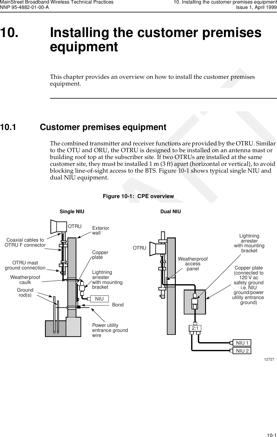 MainStreet Broadband Wireless Technical Practices 10. Installing the customer premises equipmentNNP 95-4882-01-00-A Issue 1, April 1999   10-1DRAFT10. Installing the customer premises equipmentThis chapter provides an overview on how to install the customer premises equipment.10.1 Customer premises equipmentThe combined transmitter and receiver functions are provided by the OTRU. Similar to the OTU and ORU, the OTRU is designed to be installed on an antenna mast or building roof top at the subscriber site. If two OTRUs are installed at the same customer site, they must be installed 1 m (3 ft) apart (horizontal or vertical), to avoid blocking line-of-sight access to the BTS. Figure 10-1 shows typical single NIU and dual NIU equipment.Figure 10-1:  CPE overviewOTRUOTRUCoaxial cables toOTRU F connectorOTRU mastground connectionWeatherproofcaulkGroundrod(s) NIULightningarresterwith mountingbracketCopperplateExteriorwallPower utilityentrance groundwireNIU 1NIU 2Copper plate(connected to120 V acsafety groundi.e. NIUground/powerutility entrance ground)Lightningarresterwith mountingbracketWeatherproofaccesspanel2:1Bond12727Single NIU Dual NIU