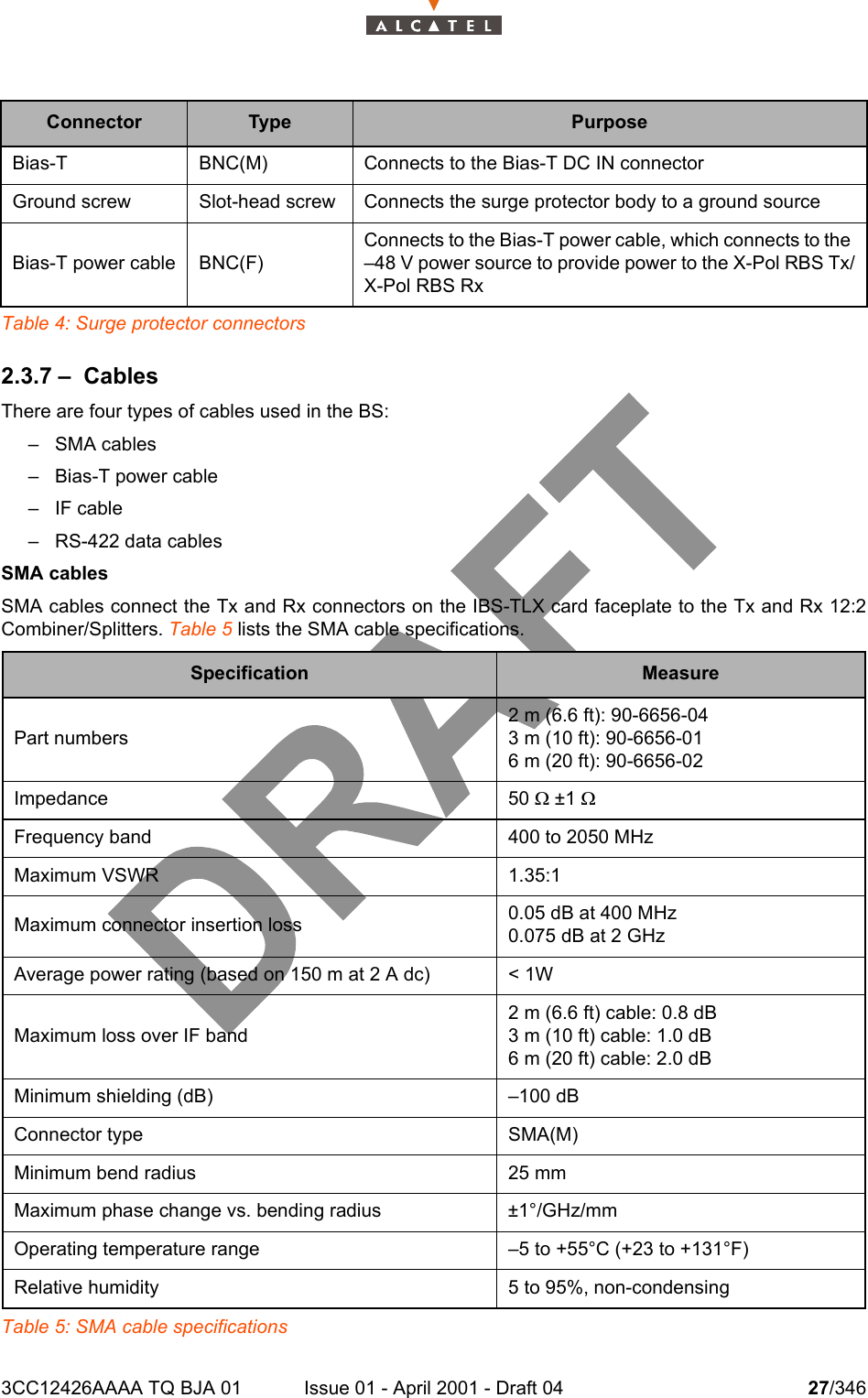 3CC12426AAAA TQ BJA 01 Issue 01 - April 2001 - Draft 04 27/346104Table 4: Surge protector connectors2.3.7 – CablesThere are four types of cables used in the BS:–SMA cables– Bias-T power cable– IF cable– RS-422 data cablesSMA cablesSMA cables connect the Tx and Rx connectors on the IBS-TLX card faceplate to the Tx and Rx 12:2Combiner/Splitters. Table 5 lists the SMA cable specifications.Table 5: SMA cable specificationsConnector Type PurposeBias-T BNC(M) Connects to the Bias-T DC IN connectorGround screw Slot-head screw Connects the surge protector body to a ground sourceBias-T power cable BNC(F)Connects to the Bias-T power cable, which connects to the –48 V power source to provide power to the X-Pol RBS Tx/X-Pol RBS RxSpecification MeasurePart numbers2 m (6.6 ft): 90-6656-043 m (10 ft): 90-6656-016 m (20 ft): 90-6656-02Impedance 50 W ±1 WFrequency band 400 to 2050 MHzMaximum VSWR 1.35:1Maximum connector insertion loss 0.05 dB at 400 MHz0.075 dB at 2 GHzAverage power rating (based on 150 m at 2 A dc) &lt; 1WMaximum loss over IF band2 m (6.6 ft) cable: 0.8 dB3 m (10 ft) cable: 1.0 dB6 m (20 ft) cable: 2.0 dBMinimum shielding (dB) –100 dBConnector type SMA(M)Minimum bend radius 25 mmMaximum phase change vs. bending radius ±1°/GHz/mmOperating temperature range –5 to +55°C (+23 to +131°F)Relative humidity 5 to 95%, non-condensing