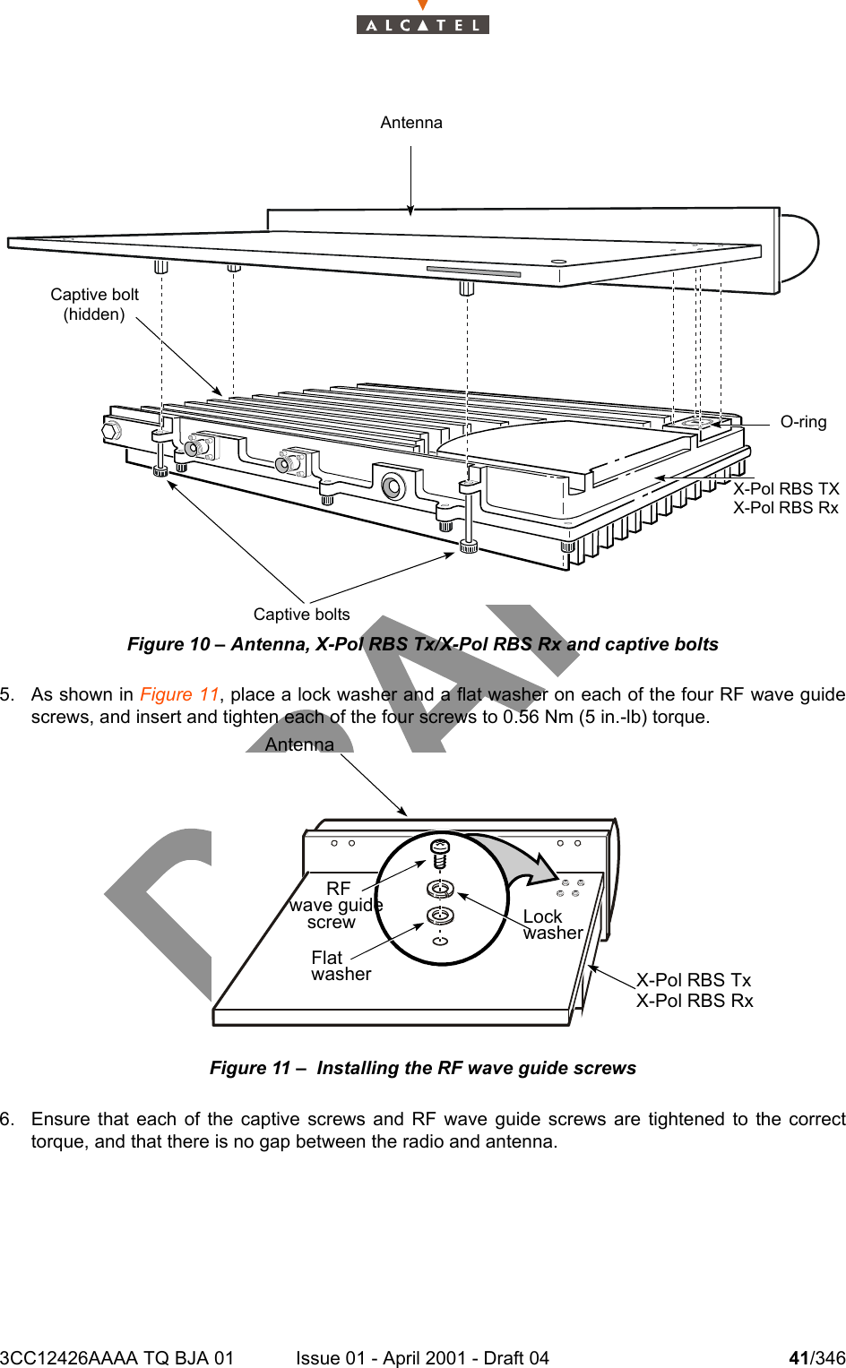 3CC12426AAAA TQ BJA 01 Issue 01 - April 2001 - Draft 04 41/346104Figure 10 – Antenna, X-Pol RBS Tx/X-Pol RBS Rx and captive bolts5. As shown in Figure 11, place a lock washer and a flat washer on each of the four RF wave guidescrews, and insert and tighten each of the four screws to 0.56 Nm (5 in.-lb) torque.Figure 11 –  Installing the RF wave guide screws6. Ensure that each of the captive screws and RF wave guide screws are tightened to the correcttorque, and that there is no gap between the radio and antenna.AntennaCaptive bolt(hidden)O-ringX-Pol RBS TXX-Pol RBS RxAntennaRFwave guidescrewFlatwasherLockwasherX-Pol RBS TxX-Pol RBS RxCaptive bolts