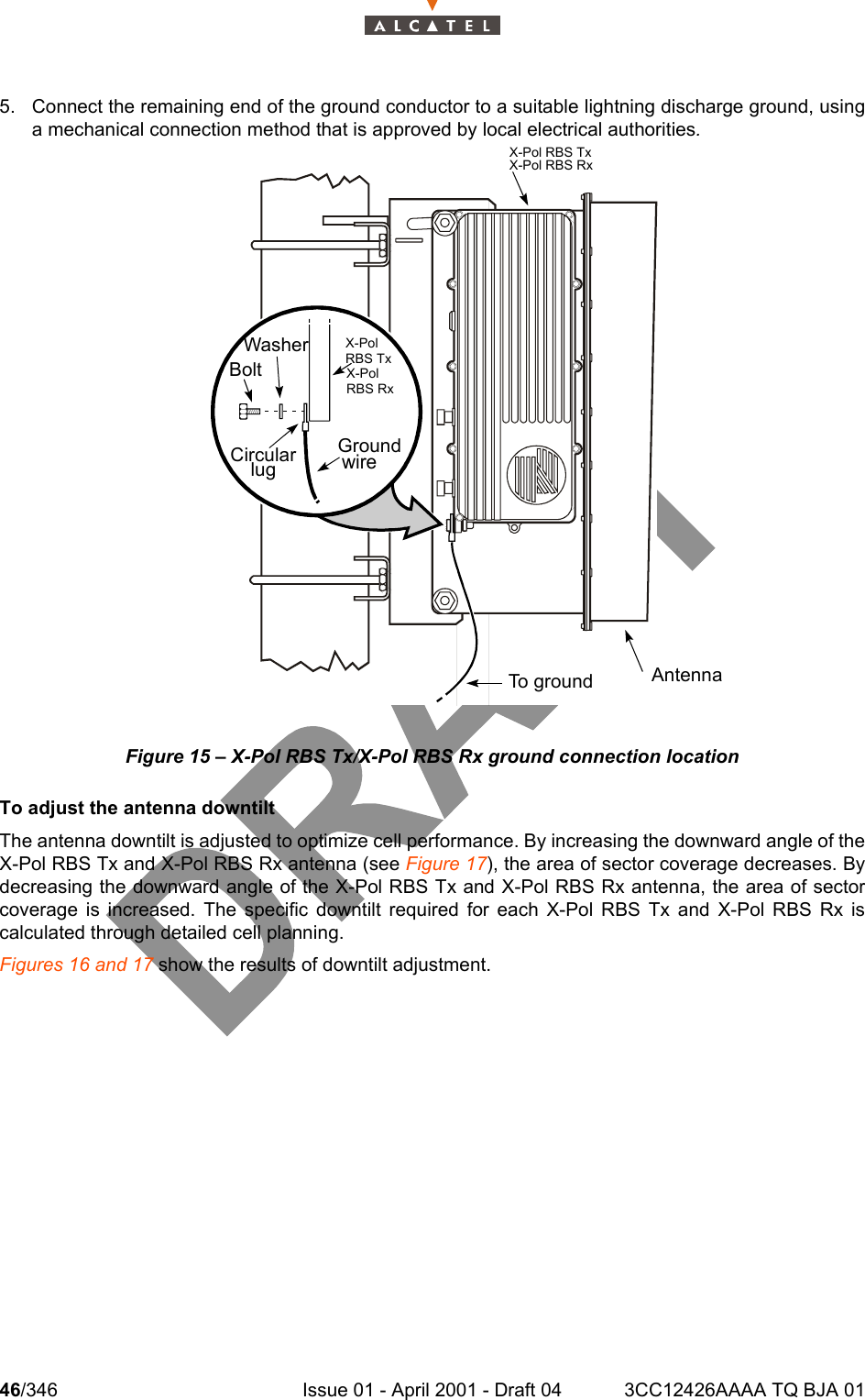 46/346 Issue 01 - April 2001 - Draft 04 3CC12426AAAA TQ BJA 011045. Connect the remaining end of the ground conductor to a suitable lightning discharge ground, usinga mechanical connection method that is approved by local electrical authorities.Figure 15 – X-Pol RBS Tx/X-Pol RBS Rx ground connection locationTo adjust the antenna downtiltThe antenna downtilt is adjusted to optimize cell performance. By increasing the downward angle of theX-Pol RBS Tx and X-Pol RBS Rx antenna (see Figure 17), the area of sector coverage decreases. Bydecreasing the downward angle of the X-Pol RBS Tx and X-Pol RBS Rx antenna, the area of sectorcoverage is increased. The specific downtilt required for each X-Pol RBS Tx and X-Pol RBS Rx iscalculated through detailed cell planning. Figures 16 and 17 show the results of downtilt adjustment.AntennaTo groundBoltWasherCircularlugGroundwireX-PolX-PolRBS TxRBS RxX-Pol RBS TxX-Pol RBS Rx