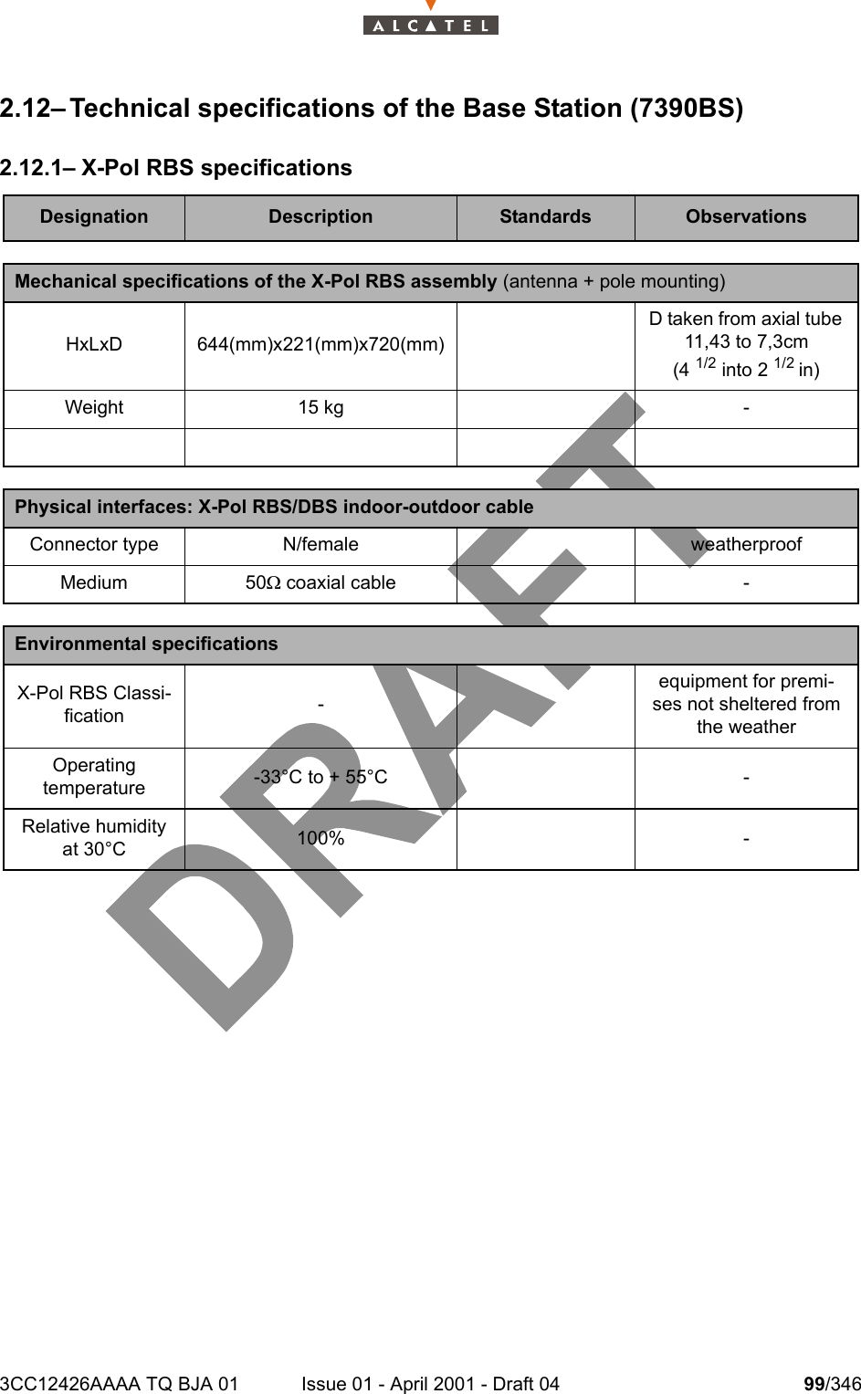 3CC12426AAAA TQ BJA 01 Issue 01 - April 2001 - Draft 04 99/3461042.12– Technical specifications of the Base Station (7390BS)2.12.1– X-Pol RBS specificationsDesignation Description Standards ObservationsMechanical specifications of the X-Pol RBS assembly (antenna + pole mounting)HxLxD 644(mm)x221(mm)x720(mm) D taken from axial tube 11,43 to 7,3cm(4 1/2 into 2 1/2 in)Weight 15 kg -Physical interfaces: X-Pol RBS/DBS indoor-outdoor cableConnector type N/female weatherproofMedium 50W coaxial cable -Environmental specificationsX-Pol RBS Classi-fication -equipment for premi-ses not sheltered from the weatherOperatingtemperature -33°C to + 55°C -Relative humidity at 30°C 100% -