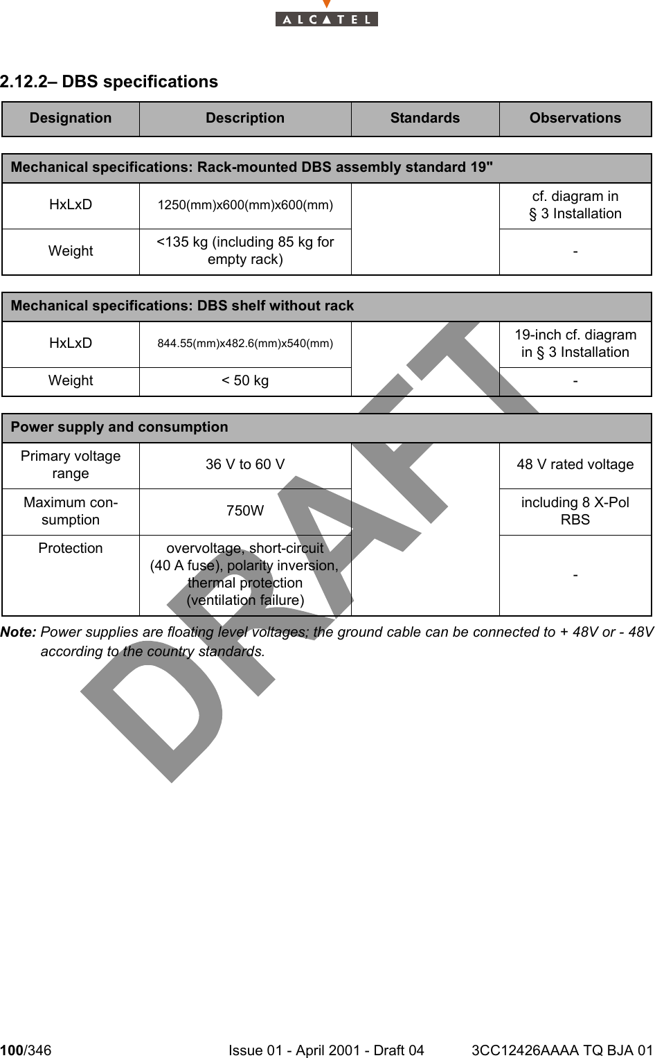 100/346 Issue 01 - April 2001 - Draft 04 3CC12426AAAA TQ BJA 011042.12.2– DBS specificationsNote: Power supplies are floating level voltages; the ground cable can be connected to + 48V or - 48Vaccording to the country standards.Designation Description Standards ObservationsMechanical specifications: Rack-mounted DBS assembly standard 19&quot;HxLxD 1250(mm)x600(mm)x600(mm) cf. diagram in§ 3 InstallationWeight &lt;135 kg (including 85 kg for empty rack) -Mechanical specifications: DBS shelf without rackHxLxD 844.55(mm)x482.6(mm)x540(mm) 19-inch cf. diagram in § 3 InstallationWeight &lt; 50 kg -Power supply and consumptionPrimary voltage range 36 V to 60 V  48 V rated voltageMaximum con-sumption 750W including 8 X-Pol RBSProtection overvoltage, short-circuit(40 A fuse), polarity inversion, thermal protection(ventilation failure)-