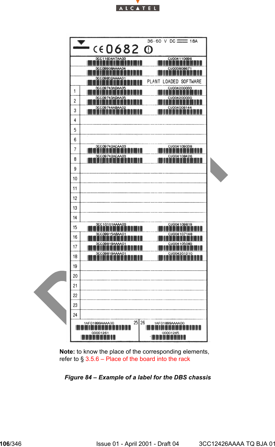 106/346 Issue 01 - April 2001 - Draft 04 3CC12426AAAA TQ BJA 01128Figure 84 – Example of a label for the DBS chassisNote: to know the place of the corresponding elements, refer to § 3.5.6 – Place of the board into the rack