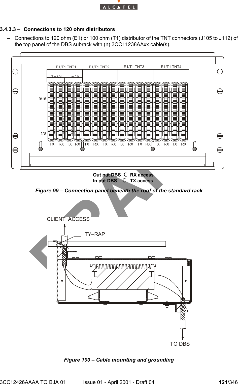 3CC12426AAAA TQ BJA 01 Issue 01 - April 2001 - Draft 04 121/3461283.4.3.3 – Connections to 120 ohm distributors– Connections to 120 ohm (E1) or 100 ohm (T1) distributor of the TNT connectors (J105 to J112) ofthe top panel of the DBS subrack with (n) 3CC11238AAxx cable(s).Figure 99 – Connection panel beneath the roof of the standard rackFigure 100 – Cable mounting and grounding123456781/89/16901112345678112131415161 – 89  – 16E1/T1 TNT1 E1/T1 TNT2 E1/T1 TNT3 E1/T1 TNT4TX    RX   TX   RX    TX    RX    TX   RX   TX    RX    TX   RX    TX    RX   TX    RXOut put DBS C RX accessIn put DBS    C   TX accessTY–RAPCLIENT  ACCESSTODBS