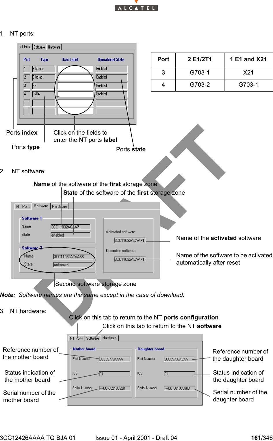 3CC12426AAAA TQ BJA 01 Issue 01 - April 2001 - Draft 04 161/3462341. NT ports:2.  NT software:Note:  Software names are the same except in the case of download.3. NT hardware: Port 2 E1/2T1 1 E1 and X213 G703-1 X214 G703-2 G703-1Ports indexPorts typeClick on the fields to enter the NT ports labelPorts stateName of the software of the first storage zone State of the software of the first storage zoneName of the activated softwareName of the software to be activated automatically after resetSecond software storage zoneClick on this tab to return to the NT softwareClick on this tab to return to the NT ports configurationSerial number of the mother boardStatus indication of the mother boardReference number of the mother boardSerial number of the daughter boardStatus indication of the daughter boardReference number of the daughter board