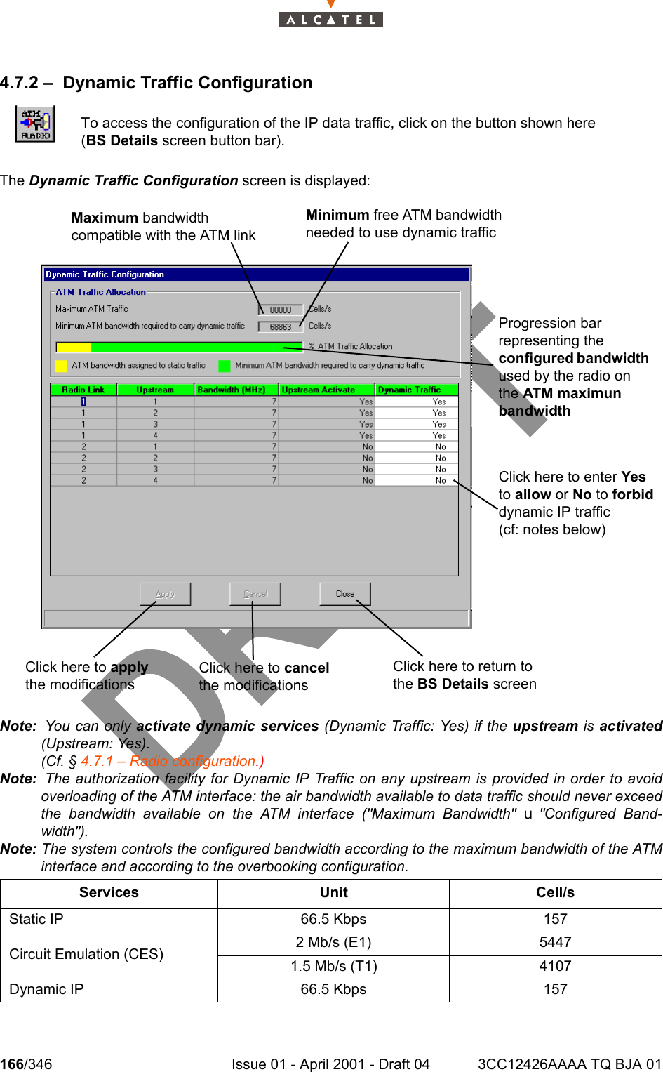 166/346 Issue 01 - April 2001 - Draft 04 3CC12426AAAA TQ BJA 012344.7.2 – Dynamic Traffic ConfigurationThe Dynamic Traffic Configuration screen is displayed:Note:  You can only activate dynamic services (Dynamic Traffic: Yes) if the upstream is activated(Upstream: Yes). (Cf. § 4.7.1 – Radio configuration.)Note:  The authorization facility for Dynamic IP Traffic on any upstream is provided in order to avoidoverloading of the ATM interface: the air bandwidth available to data traffic should never exceedthe bandwidth available on the ATM interface (&quot;Maximum Bandwidth&quot; u &quot;Configured Band-width&quot;).Note: The system controls the configured bandwidth according to the maximum bandwidth of the ATMinterface and according to the overbooking configuration.To access the configuration of the IP data traffic, click on the button shown here (BS Details screen button bar).Services Unit Cell/sStatic IP 66.5 Kbps 157Circuit Emulation (CES) 2 Mb/s (E1) 54471.5 Mb/s (T1) 4107Dynamic IP 66.5 Kbps 157Click here to enter Yes to allow or No to forbid dynamic IP traffic (cf: notes below)Progression bar representing the configured bandwidth used by the radio on the ATM maximun bandwidthMinimum free ATM bandwidth needed to use dynamic trafficMaximum bandwidth compatible with the ATM linkClick here to apply the modificationsClick here to cancel the modificationsClick here to return to the BS Details screen