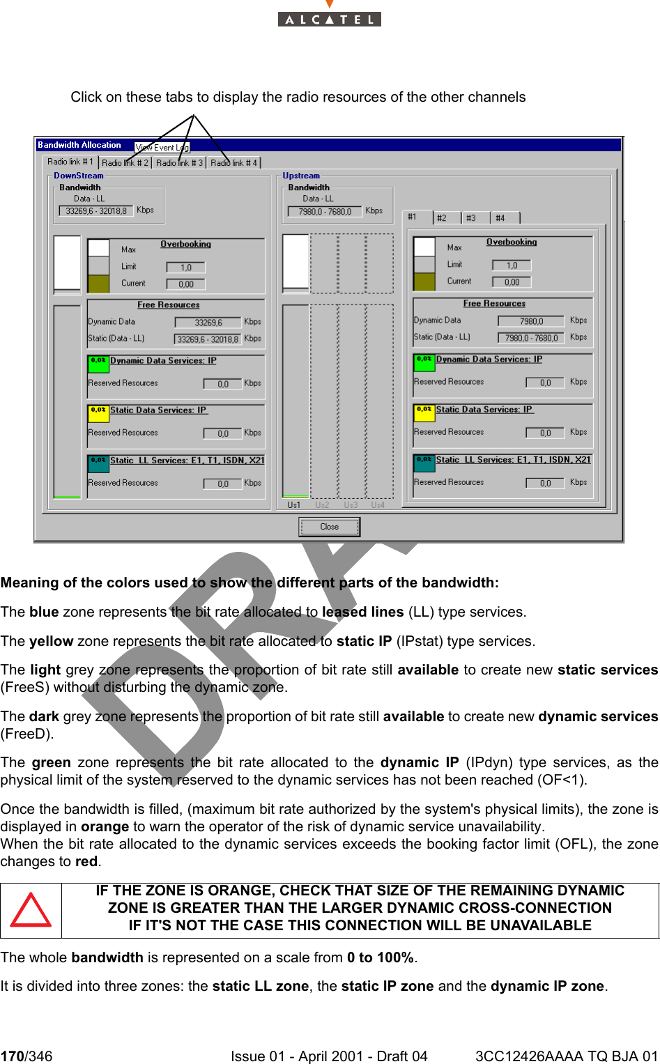 170/346 Issue 01 - April 2001 - Draft 04 3CC12426AAAA TQ BJA 01234Meaning of the colors used to show the different parts of the bandwidth:The blue zone represents the bit rate allocated to leased lines (LL) type services.The yellow zone represents the bit rate allocated to static IP (IPstat) type services.The light grey zone represents the proportion of bit rate still available to create new static services(FreeS) without disturbing the dynamic zone.The dark grey zone represents the proportion of bit rate still available to create new dynamic services(FreeD).The  green  zone represents the bit rate allocated to the dynamic IP (IPdyn) type services, as thephysical limit of the system reserved to the dynamic services has not been reached (OF&lt;1).Once the bandwidth is filled, (maximum bit rate authorized by the system&apos;s physical limits), the zone isdisplayed in orange to warn the operator of the risk of dynamic service unavailability.When the bit rate allocated to the dynamic services exceeds the booking factor limit (OFL), the zonechanges to red.The whole bandwidth is represented on a scale from 0 to 100%.It is divided into three zones: the static LL zone, the static IP zone and the dynamic IP zone.IF THE ZONE IS ORANGE, CHECK THAT SIZE OF THE REMAINING DYNAMICZONE IS GREATER THAN THE LARGER DYNAMIC CROSS-CONNECTIONIF IT&apos;S NOT THE CASE THIS CONNECTION WILL BE UNAVAILABLEClick on these tabs to display the radio resources of the other channels