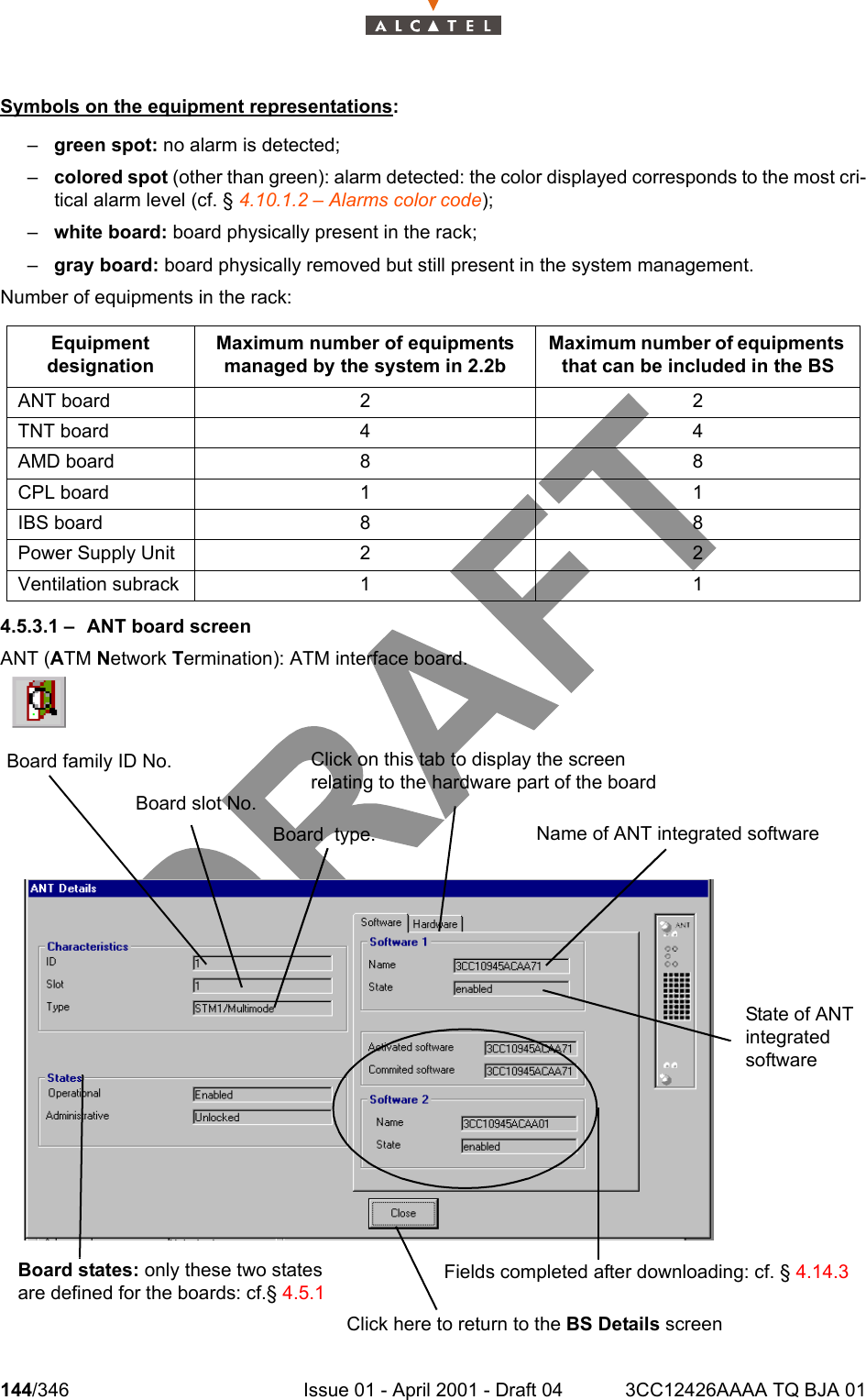 144/346 Issue 01 - April 2001 - Draft 04 3CC12426AAAA TQ BJA 01234Symbols on the equipment representations:–green spot: no alarm is detected;–colored spot (other than green): alarm detected: the color displayed corresponds to the most cri-tical alarm level (cf. § 4.10.1.2 – Alarms color code);–white board: board physically present in the rack;–gray board: board physically removed but still present in the system management.Number of equipments in the rack:4.5.3.1 – ANT board screenANT (ATM Network Termination): ATM interface board.Equipment designationMaximum number of equipments managed by the system in 2.2bMaximum number of equipments that can be included in the BSANT board 2 2TNT board 4 4AMD board 8 8CPL board 1 1IBS board 8 8Power Supply Unit 2 2Ventilation subrack 1 1Click on this tab to display the screen relating to the hardware part of the board Click here to return to the BS Details screenBoard slot No.Board states: only these two states are defined for the boards: cf.§ 4.5.1 Board  type.State of ANT integrated softwareName of ANT integrated software Fields completed after downloading: cf. § 4.14.3 Board family ID No.