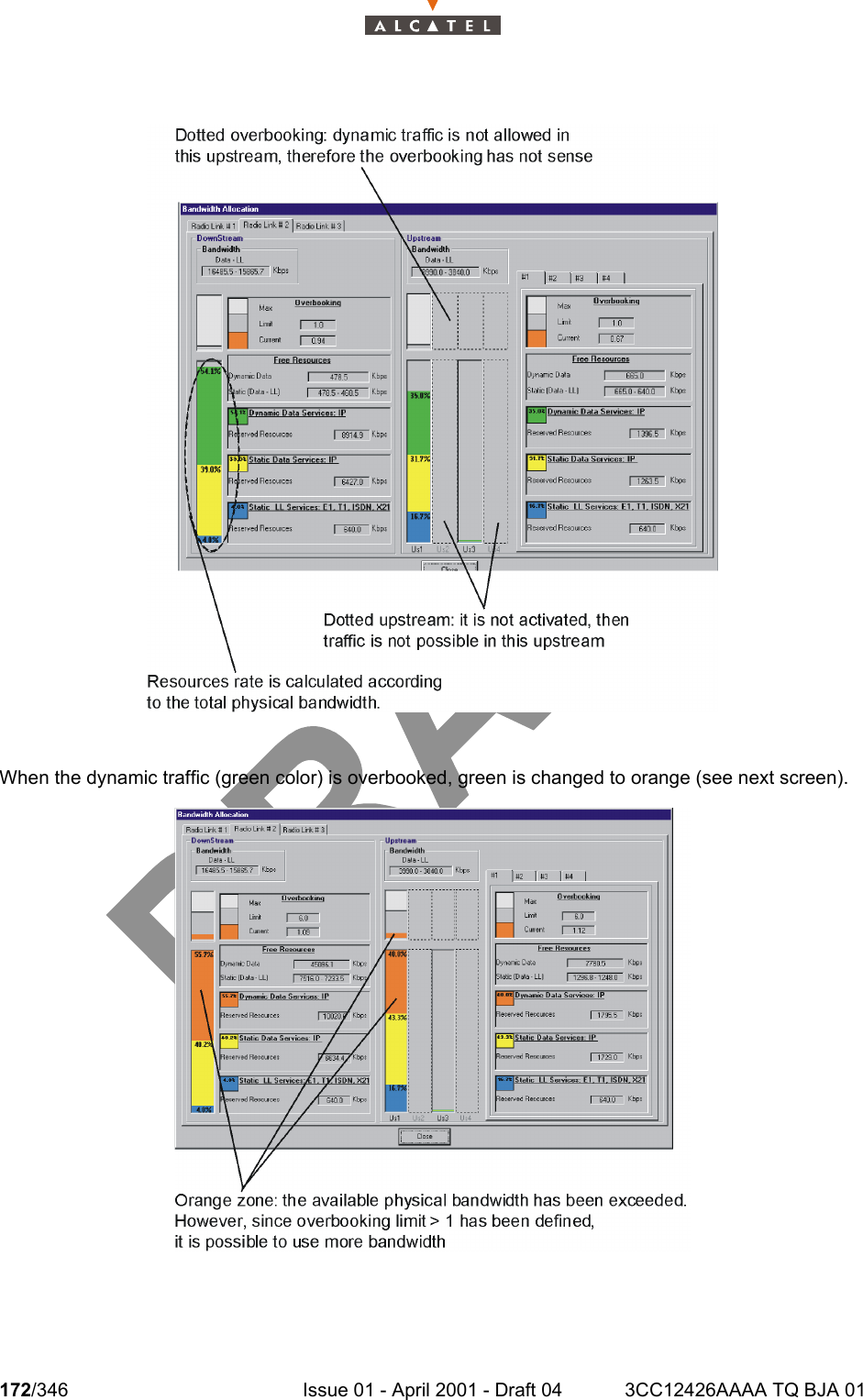 172/346 Issue 01 - April 2001 - Draft 04 3CC12426AAAA TQ BJA 01234When the dynamic traffic (green color) is overbooked, green is changed to orange (see next screen).