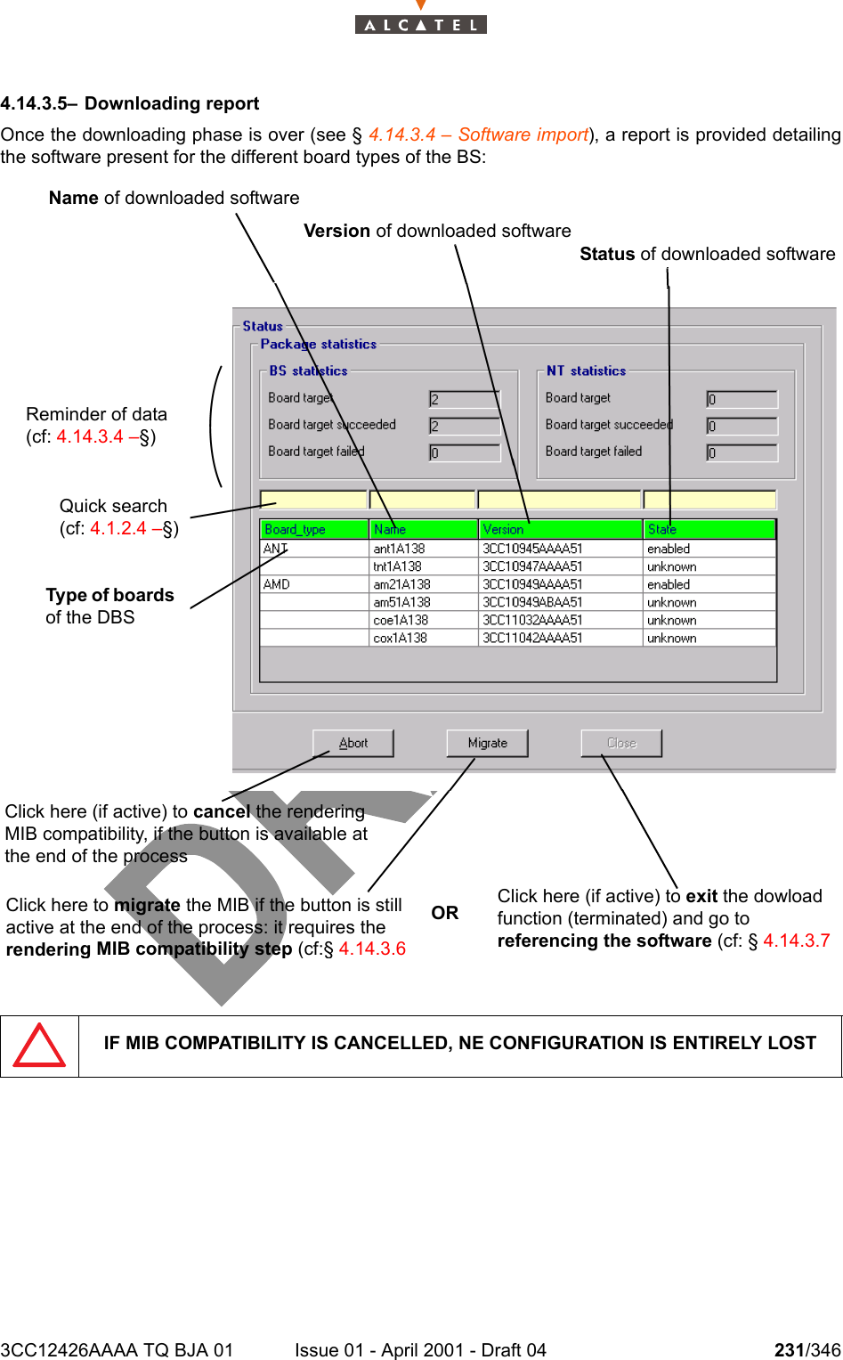 3CC12426AAAA TQ BJA 01 Issue 01 - April 2001 - Draft 04 231/3462344.14.3.5– Downloading reportOnce the downloading phase is over (see § 4.14.3.4 – Software import), a report is provided detailingthe software present for the different board types of the BS:IF MIB COMPATIBILITY IS CANCELLED, NE CONFIGURATION IS ENTIRELY LOSTName of downloaded softwareVersion of downloaded softwareStatus of downloaded softwareReminder of data(cf: 4.14.3.4 –§)Quick search(cf: 4.1.2.4 –§)Type of boards of the DBSClick here (if active) to cancel the rendering MIB compatibility, if the button is available at the end of the process Click here to migrate the MIB if the button is still active at the end of the process: it requires the rendering MIB compatibility step (cf:§ 4.14.3.6 Click here (if active) to exit the dowload function (terminated) and go to referencing the software (cf: § 4.14.3.7 OR