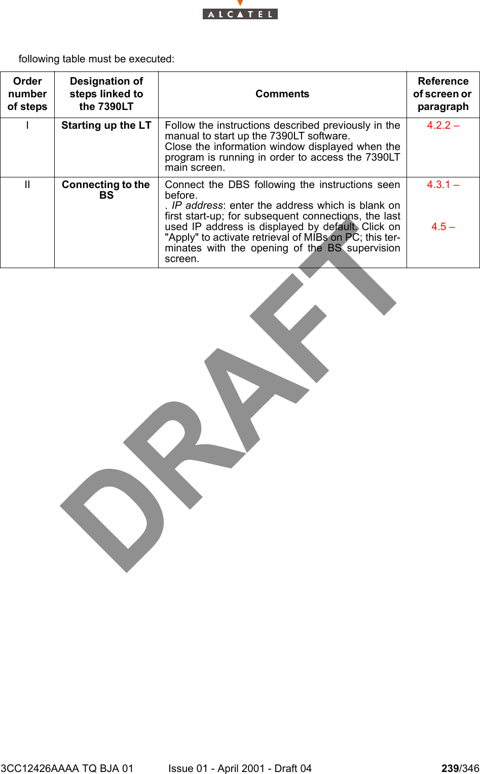 3CC12426AAAA TQ BJA 01 Issue 01 - April 2001 - Draft 04 239/346242following table must be executed:Order number of stepsDesignation of steps linked to the 7390LTCommentsReference of screen or paragraphIStarting up the LT Follow the instructions described previously in themanual to start up the 7390LT software.Close the information window displayed when theprogram is running in order to access the 7390LTmain screen.4.2.2 – II Connecting to the BSConnect the DBS following the instructions seenbefore.. IP address: enter the address which is blank onfirst start-up; for subsequent connections, the lastused IP address is displayed by default. Click on&quot;Apply&quot; to activate retrieval of MIBs on PC; this ter-minates with the opening of the BS supervisionscreen.4.3.1 – 4.5 – 