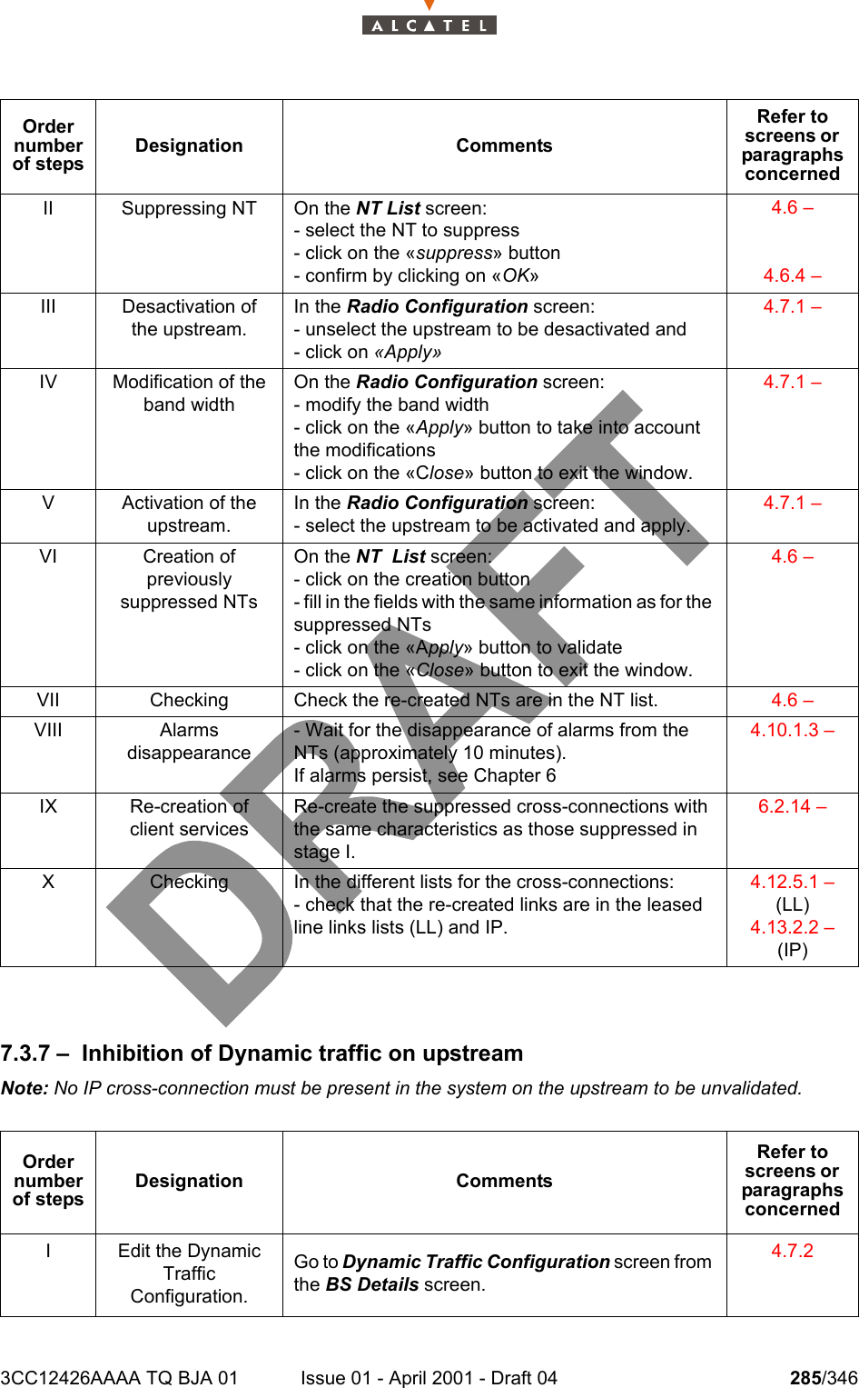 3CC12426AAAA TQ BJA 01 Issue 01 - April 2001 - Draft 04 285/3463027.3.7 – Inhibition of Dynamic traffic on upstreamNote: No IP cross-connection must be present in the system on the upstream to be unvalidated.II Suppressing NT On the NT List screen:- select the NT to suppress- click on the «suppress» button- confirm by clicking on «OK»4.6 – 4.6.4 – III Desactivation of the upstream.In the Radio Configuration screen:- unselect the upstream to be desactivated and- click on «Apply»4.7.1 – IV Modification of the band widthOn the Radio Configuration screen:- modify the band width- click on the «Apply» button to take into account the modifications- click on the «Close» button to exit the window.4.7.1 – V Activation of the upstream.In the Radio Configuration screen:- select the upstream to be activated and apply.4.7.1 – VI Creation ofpreviouslysuppressed NTsOn the NT  List screen:- click on the creation button- fill in the fields with the same information as for the suppressed NTs- click on the «Apply» button to validate- click on the «Close» button to exit the window.4.6 – VII Checking Check the re-created NTs are in the NT list. 4.6 – VIII Alarmsdisappearance- Wait for the disappearance of alarms from the NTs (approximately 10 minutes).If alarms persist, see Chapter 64.10.1.3 – IX Re-creation of client servicesRe-create the suppressed cross-connections with the same characteristics as those suppressed in stage I.6.2.14 – X Checking In the different lists for the cross-connections:- check that the re-created links are in the leased line links lists (LL) and IP.4.12.5.1 –  (LL)4.13.2.2 –  (IP)Order number of stepsDesignation CommentsRefer to screens or  paragraphs concernedI Edit the Dynamic TrafficConfiguration.Go to Dynamic Traffic Configuration screen from the BS Details screen.4.7.2 Order number of stepsDesignation CommentsRefer to screens or  paragraphs concerned