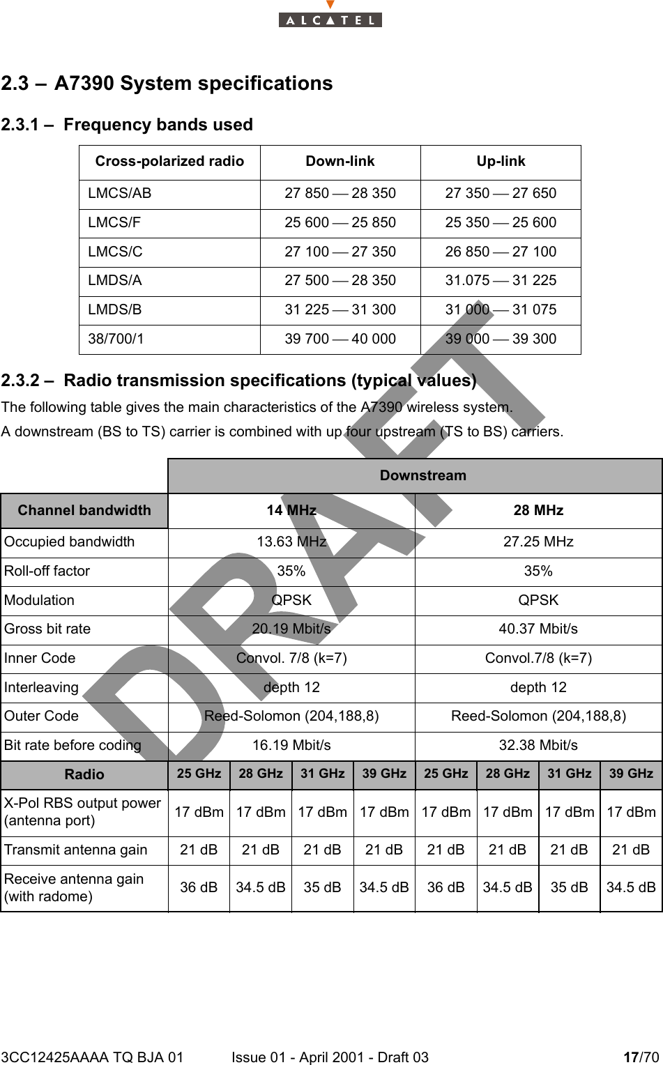 3CC12425AAAA TQ BJA 01 Issue 01 - April 2001 - Draft 03 17/70242.3 – A7390 System specifications2.3.1 – Frequency bands used2.3.2 – Radio transmission specifications (typical values)The following table gives the main characteristics of the A7390 wireless system.A downstream (BS to TS) carrier is combined with up four upstream (TS to BS) carriers.Cross-polarized radio Down-link Up-linkLMCS/AB 27 850  28 350 27 350  27 650LMCS/F 25 600  25 850 25 350  25 600LMCS/C 27 100  27 350 26 850  27 100LMDS/A 27 500  28 350 31.075  31 225LMDS/B 31 225  31 300 31 000  31 07538/700/1 39 700  40 000 39 000  39 300    DownstreamChannel bandwidth 14 MHz 28 MHzOccupied bandwidth 13.63 MHz 27.25 MHzRoll-off factor 35% 35%Modulation QPSK QPSKGross bit rate 20.19 Mbit/s 40.37 Mbit/sInner Code Convol. 7/8 (k=7) Convol.7/8 (k=7)Interleaving depth 12 depth 12Outer Code Reed-Solomon (204,188,8) Reed-Solomon (204,188,8)Bit rate before coding 16.19 Mbit/s 32.38 Mbit/sRadio 25 GHz 28 GHz 31 GHz 39 GHz 25 GHz 28 GHz 31 GHz 39 GHzX-Pol RBS output power (antenna port) 17 dBm 17 dBm 17 dBm 17 dBm 17 dBm 17 dBm 17 dBm 17 dBmTransmit antenna gain 21 dB 21 dB 21 dB 21 dB 21 dB 21 dB 21 dB 21 dBReceive antenna gain (with radome) 36 dB 34.5 dB 35 dB 34.5 dB 36 dB 34.5 dB 35 dB 34.5 dB