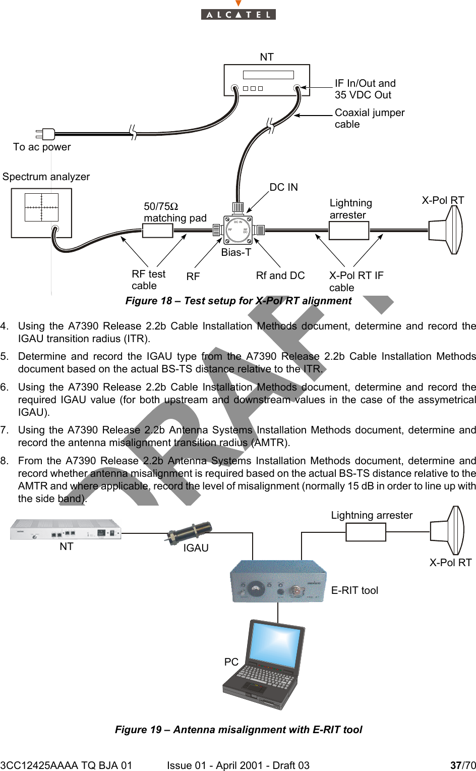 3CC12425AAAA TQ BJA 01 Issue 01 - April 2001 - Draft 03 37/7046Figure 18 – Test setup for X-Pol RT alignment4. Using the A7390 Release 2.2b Cable Installation Methods document, determine and record theIGAU transition radius (ITR).5. Determine and record the IGAU type from the A7390 Release 2.2b Cable Installation Methodsdocument based on the actual BS-TS distance relative to the ITR.6. Using the A7390 Release 2.2b Cable Installation Methods document, determine and record therequired IGAU value (for both upstream and downstream values in the case of the assymetricalIGAU).7. Using the A7390 Release 2.2b Antenna Systems Installation Methods document, determine andrecord the antenna misalignment transition radius (AMTR).8. From the A7390 Release 2.2b Antenna Systems Installation Methods document, determine andrecord whether antenna misalignment is required based on the actual BS-TS distance relative to theAMTR and where applicable, record the level of misalignment (normally 15 dB in order to line up withthe side band).Figure 19 – Antenna misalignment with E-RIT toolDC INRF RF DCNTIF In/Out and35 VDC OutCoaxial jumpercableX-Pol RTLightningarresterDC IN50/75Ωmatching padTo ac powerSpectrum analyzerRF testcable RFBias-TRf and DC X-Pol RT IFcableNTX-Pol RTLightning arresterIGAUE-RIT toolPC