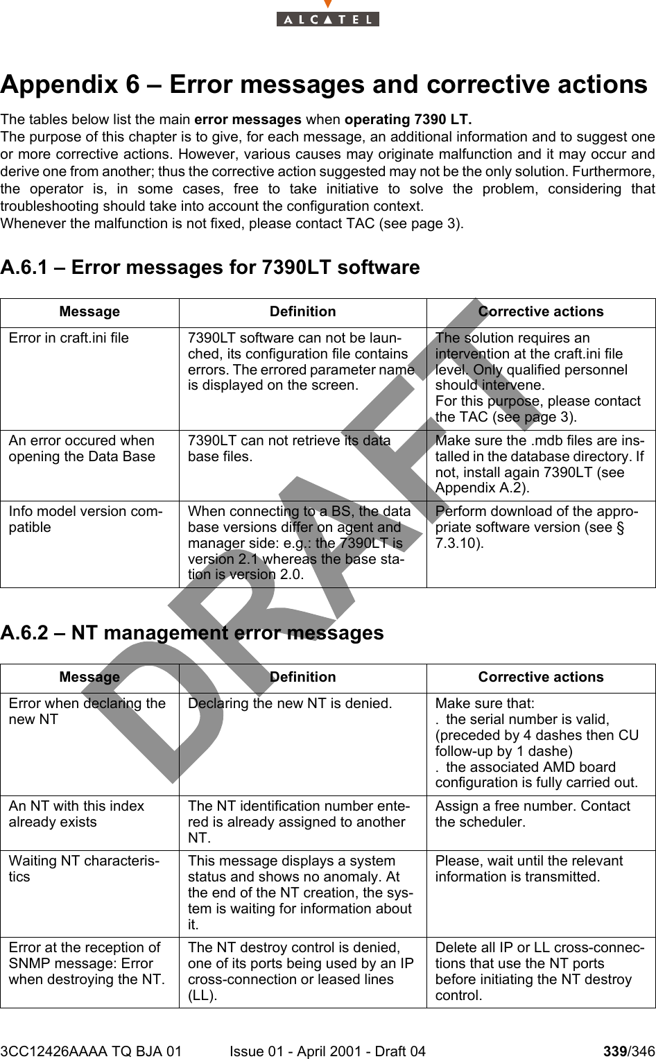 3CC12426AAAA TQ BJA 01 Issue 01 - April 2001 - Draft 04 339/346344Appendix 6 – Error messages and corrective actionsThe tables below list the main error messages when operating 7390 LT.The purpose of this chapter is to give, for each message, an additional information and to suggest oneor more corrective actions. However, various causes may originate malfunction and it may occur andderive one from another; thus the corrective action suggested may not be the only solution. Furthermore,the operator is, in some cases, free to take initiative to solve the problem, considering thattroubleshooting should take into account the configuration context.Whenever the malfunction is not fixed, please contact TAC (see page 3).A.6.1 – Error messages for 7390LT softwareA.6.2 – NT management error messagesMessage Definition Corrective actionsError in craft.ini file 7390LT software can not be laun-ched, its configuration file contains errors. The errored parameter name is displayed on the screen.The solution requires an intervention at the craft.ini file level. Only qualified personnel should intervene.For this purpose, please contact the TAC (see page 3).An error occured when opening the Data Base7390LT can not retrieve its data base files.Make sure the .mdb files are ins-talled in the database directory. If not, install again 7390LT (see Appendix A.2).Info model version com-patibleWhen connecting to a BS, the data base versions differ on agent and manager side: e.g.: the 7390LT is version 2.1 whereas the base sta-tion is version 2.0.Perform download of the appro-priate software version (see § 7.3.10).Message Definition Corrective actionsError when declaring the new NTDeclaring the new NT is denied. Make sure that:. the serial number is valid, (preceded by 4 dashes then CU follow-up by 1 dashe). the associated AMD board configuration is fully carried out.An NT with this index already existsThe NT identification number ente-red is already assigned to another NT.Assign a free number. Contact the scheduler.Waiting NT characteris-ticsThis message displays a system status and shows no anomaly. At the end of the NT creation, the sys-tem is waiting for information about it.Please, wait until the relevant information is transmitted.Error at the reception of SNMP message: Error when destroying the NT.The NT destroy control is denied, one of its ports being used by an IP cross-connection or leased lines (LL).Delete all IP or LL cross-connec-tions that use the NT ports before initiating the NT destroy control.