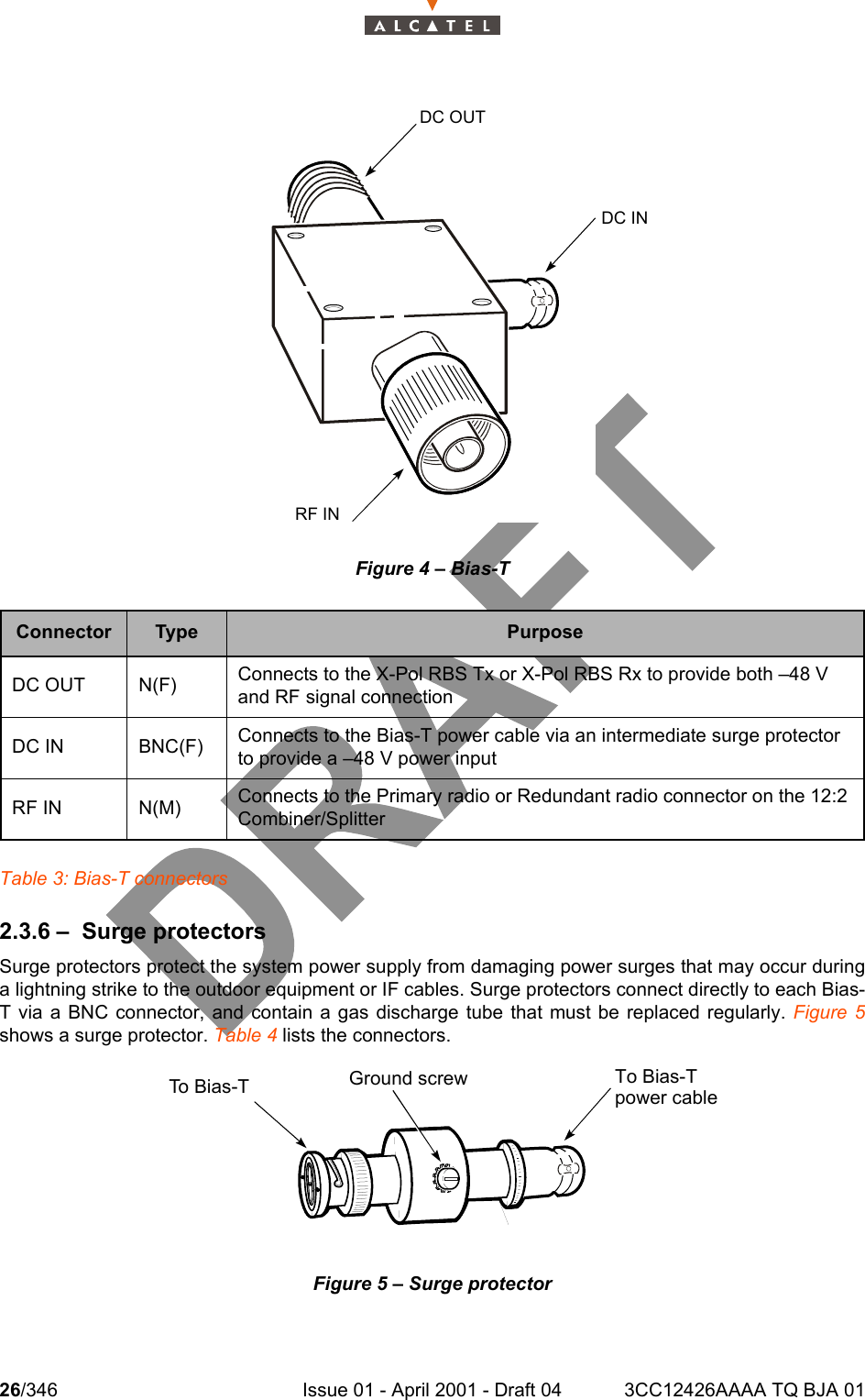 26/346 Issue 01 - April 2001 - Draft 04 3CC12426AAAA TQ BJA 01104Figure 4 – Bias-TTable 3: Bias-T connectors2.3.6 – Surge protectorsSurge protectors protect the system power supply from damaging power surges that may occur duringa lightning strike to the outdoor equipment or IF cables. Surge protectors connect directly to each Bias-T via a BNC connector, and contain a gas discharge tube that must be replaced regularly. Figure 5shows a surge protector. Table 4 lists the connectors.Figure 5 – Surge protectorConnector Type PurposeDC OUT N(F) Connects to the X-Pol RBS Tx or X-Pol RBS Rx to provide both –48 V and RF signal connectionDC IN BNC(F) Connects to the Bias-T power cable via an intermediate surge protector to provide a –48 V power inputRF IN N(M) Connects to the Primary radio or Redundant radio connector on the 12:2 Combiner/SplitterDC OUTDC INRF INTo  Bi a s- T Ground screw To Bias-Tpower cable