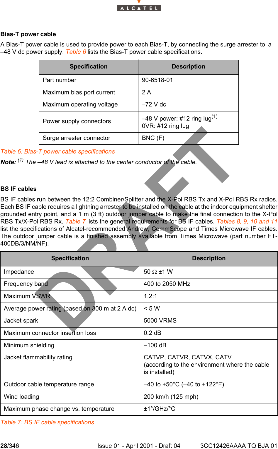 28/346 Issue 01 - April 2001 - Draft 04 3CC12426AAAA TQ BJA 01104Bias-T power cableA Bias-T power cable is used to provide power to each Bias-T, by connecting the surge arrester to a–48 V dc power supply. Table 6 lists the Bias-T power cable specifications.Table 6: Bias-T power cable specificationsNote: (1) The –48 V lead is attached to the center conductor of the cable.BS IF cablesBS IF cables run between the 12:2 Combiner/Splitter and the X-Pol RBS Tx and X-Pol RBS Rx radios.Each BS IF cable requires a lightning arrester to be installed on the cable at the indoor equipment sheltergrounded entry point, and a 1 m (3 ft) outdoor jumper cable to make the final connection to the X-PolRBS Tx/X-Pol RBS Rx. Table 7 lists the general requirements for BS IF cables. Tables 8, 9, 10 and 11list the specifications of Alcatel-recommended Andrew, CommScope and Times Microwave IF cables.The outdoor jumper cable is a finished assembly available from Times Microwave (part number FT-400DB/3/NM/NF).Table 7: BS IF cable specificationsSpecification DescriptionPart number 90-6518-01Maximum bias port current 2 AMaximum operating voltage –72 V dcPower supply connectors –48 V power: #12 ring lug(1)0VR: #12 ring lugSurge arrester connector BNC (F)Specification DescriptionImpedance 50 W ±1 WFrequency band 400 to 2050 MHzMaximum VSWR 1.2:1Average power rating (based on 300 m at 2 A dc) &lt; 5 WJacket spark 5000 VRMSMaximum connector insertion loss 0.2 dBMinimum shielding –100 dBJacket flammability rating CATVP, CATVR, CATVX, CATV(according to the environment where the cable is installed)Outdoor cable temperature range –40 to +50°C (–40 to +122°F)Wind loading 200 km/h (125 mph)Maximum phase change vs. temperature ±1°/GHz/°C