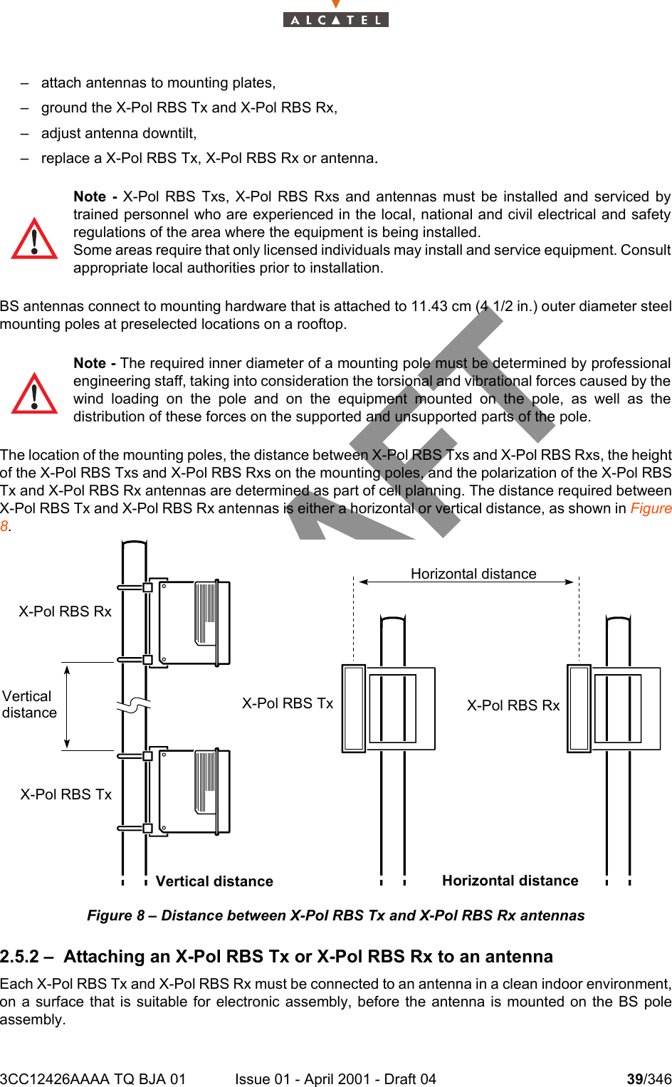 3CC12426AAAA TQ BJA 01 Issue 01 - April 2001 - Draft 04 39/346104– attach antennas to mounting plates,– ground the X-Pol RBS Tx and X-Pol RBS Rx,– adjust antenna downtilt,– replace a X-Pol RBS Tx, X-Pol RBS Rx or antenna.BS antennas connect to mounting hardware that is attached to 11.43 cm (4 1/2 in.) outer diameter steelmounting poles at preselected locations on a rooftop. The location of the mounting poles, the distance between X-Pol RBS Txs and X-Pol RBS Rxs, the heightof the X-Pol RBS Txs and X-Pol RBS Rxs on the mounting poles, and the polarization of the X-Pol RBSTx and X-Pol RBS Rx antennas are determined as part of cell planning. The distance required betweenX-Pol RBS Tx and X-Pol RBS Rx antennas is either a horizontal or vertical distance, as shown in Figure8.Figure 8 – Distance between X-Pol RBS Tx and X-Pol RBS Rx antennas2.5.2 – Attaching an X-Pol RBS Tx or X-Pol RBS Rx to an antennaEach X-Pol RBS Tx and X-Pol RBS Rx must be connected to an antenna in a clean indoor environment,on a surface that is suitable for electronic assembly, before the antenna is mounted on the BS poleassembly. Note - X-Pol RBS Txs, X-Pol RBS Rxs and antennas must be installed and serviced bytrained personnel who are experienced in the local, national and civil electrical and safetyregulations of the area where the equipment is being installed.Some areas require that only licensed individuals may install and service equipment. Consultappropriate local authorities prior to installation.Note - The required inner diameter of a mounting pole must be determined by professionalengineering staff, taking into consideration the torsional and vibrational forces caused by thewind loading on the pole and on the equipment mounted on the pole, as well as thedistribution of these forces on the supported and unsupported parts of the pole.X-Pol RBS TxX-Pol RBS TxX-Pol RBS RxX-Pol RBS RxHorizontal distanceHorizontal distanceVertical distanceVerticaldistance
