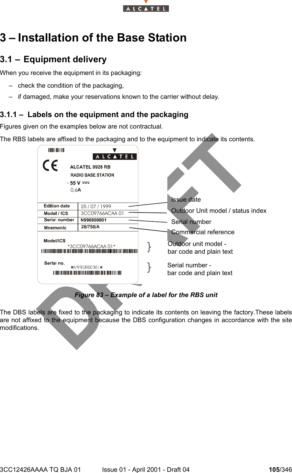 3CC12426AAAA TQ BJA 01 Issue 01 - April 2001 - Draft 04 105/3461283 – Installation of the Base Station3.1 – Equipment deliveryWhen you receive the equipment in its packaging:– check the condition of the packaging,– if damaged, make your reservations known to the carrier without delay.3.1.1 – Labels on the equipment and the packagingFigures given on the examples below are not contractual.The RBS labels are affixed to the packaging and to the equipment to indicate its contents.Figure 83 – Example of a label for the RBS unitThe DBS labels are fixed to the packaging to indicate its contents on leaving the factory.These labelsare not affixed to the equipment because the DBS configuration changes in accordance with the sitemodifications.}}–0,6*3CC09766ACAA 01*25 / 07 / 19993CC09766ACAA 01Issue dateOutdoor Unit model / status indexSerial numberCommercial referenceOutdoor unit model -bar code and plain textSerial number -bar code and plain text