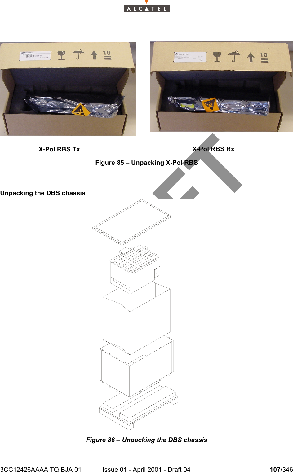 3CC12426AAAA TQ BJA 01 Issue 01 - April 2001 - Draft 04 107/346128Figure 85 – Unpacking X-Pol RBSUnpacking the DBS chassisFigure 86 – Unpacking the DBS chassisX-Pol RBS Tx X-Pol RBS Rx