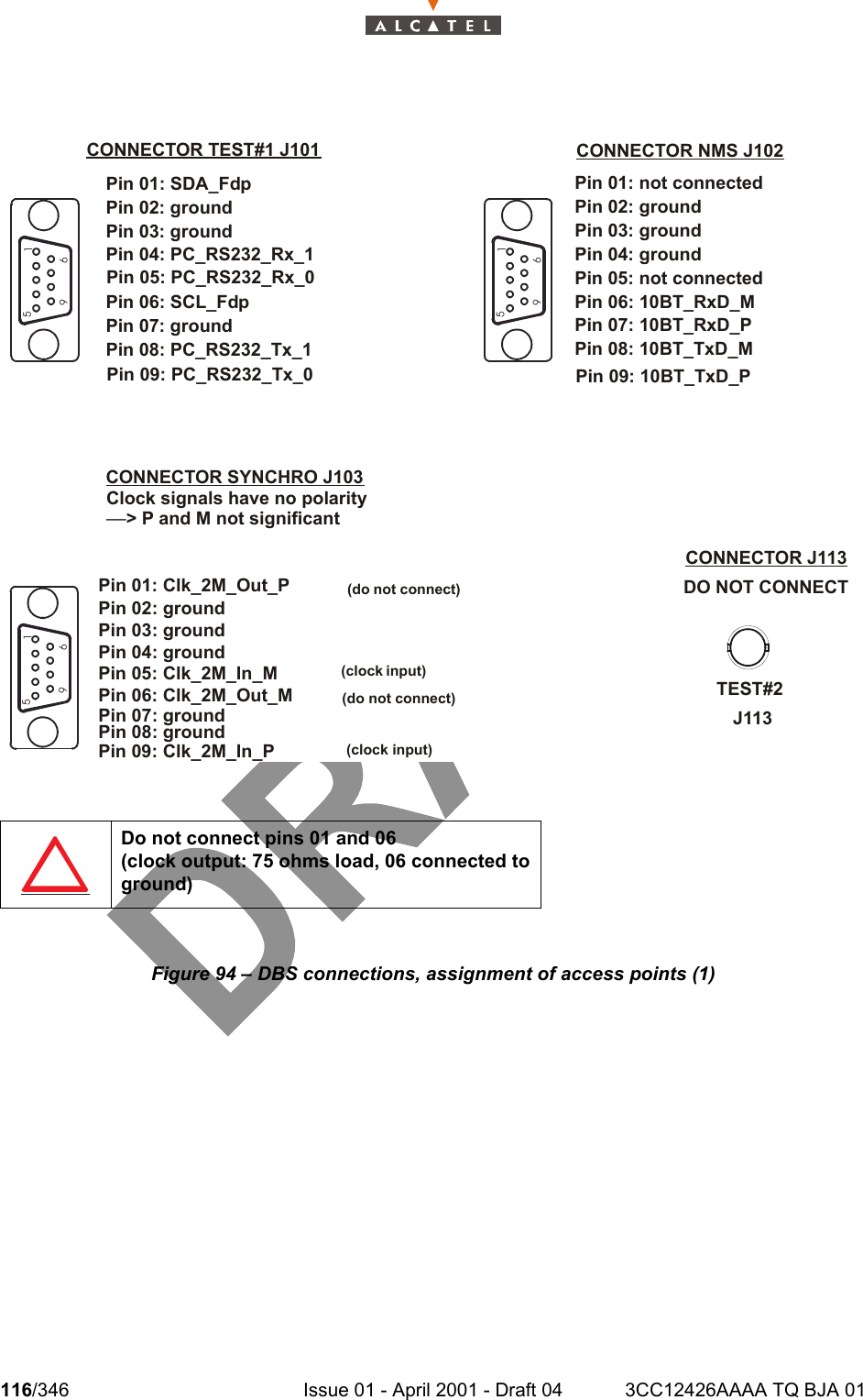 116/346 Issue 01 - April 2001 - Draft 04 3CC12426AAAA TQ BJA 01128Figure 94 – DBS connections, assignment of access points (1)Do not connect pins 01 and 06(clock output: 75 ohms load, 06 connected to ground)Pin 01: not connectedPin 02: groundPin 03: groundPin 05: not connectedPin 07: 10BT_RxD_PPin 08: 10BT_TxD_MPin 04: groundPin 06: 10BT_RxD_MCONNECTOR NMS J102Pin 01: SDA_FdpPin 02: groundPin 03: groundPin 07: groundPin 08: PC_RS232_Tx_1Pin 04: PC_RS232_Rx_1Pin 06: SCL_FdpCONNECTOR TEST#1 J101Pin 05: PC_RS232_Rx_0Pin 09: PC_RS232_Tx_0 Pin 09: 10BT_TxD_P51695169Pin 01: Clk_2M_Out_PPin 02: groundPin 03: groundPin 05: Clk_2M_In_MPin 07: groundPin 08: groundPin 04: groundPin 06: Clk_2M_Out_MPin 09: Clk_2M_In_PCONNECTOR SYNCHRO J1035169(do not connect)(do not connect)TEST#2J113CONNECTOR J113DO NOT CONNECTClock signals have no polarity––&gt; P and M not significant(clock input)(clock input)