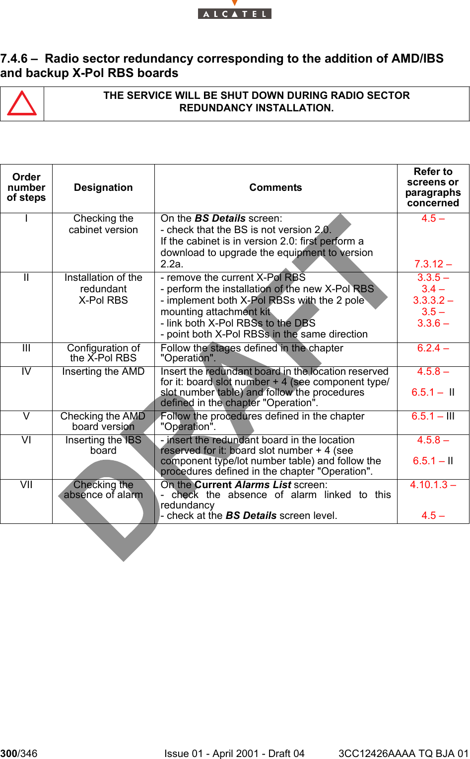 300/346 Issue 01 - April 2001 - Draft 04 3CC12426AAAA TQ BJA 013027.4.6 – Radio sector redundancy corresponding to the addition of AMD/IBS and backup X-Pol RBS boardsTHE SERVICE WILL BE SHUT DOWN DURING RADIO SECTORREDUNDANCY INSTALLATION.Order number of stepsDesignation CommentsRefer to screens or  paragraphs concernedI Checking thecabinet versionOn the BS Details screen:- check that the BS is not version 2.0.If the cabinet is in version 2.0: first perform a download to upgrade the equipment to version 2.2a.4.5 – 7.3.12 – II Installation of the redundantX-Pol RBS- remove the current X-Pol RBS- perform the installation of the new X-Pol RBS- implement both X-Pol RBSs with the 2 pole mounting attachment kit- link both X-Pol RBSs to the DBS- point both X-Pol RBSs in the same direction3.3.5 – 3.4 – 3.3.3.2 – 3.5 – 3.3.6 – III Configuration of the X-Pol RBSFollow the stages defined in the chapter &quot;Operation&quot;.6.2.4 – IV Inserting the AMD Insert the redundant board in the location reserved for it: board slot number + 4 (see component type/slot number table) and follow the procedures defined in the chapter &quot;Operation&quot;.4.5.8 – 6.5.1 –  IIV Checking the AMD board versionFollow the procedures defined in the chapter &quot;Operation&quot;.6.5.1 – IIIVI Inserting the IBS board- insert the redundant board in the location reserved for it: board slot number + 4 (see component type/lot number table) and follow the procedures defined in the chapter &quot;Operation&quot;.4.5.8 – 6.5.1 – IIVII Checking the absence of alarmOn the Current Alarms List screen:- check the absence of alarm linked to thisredundancy- check at the BS Details screen level.4.10.1.3 – 4.5 – 