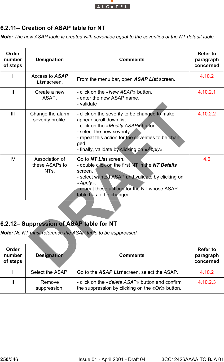 250/346 Issue 01 - April 2001 - Draft 04 3CC12426AAAA TQ BJA 012786.2.11– Creation of ASAP table for NTNote: The new ASAP table is created with severities equal to the severities of the NT default table.6.2.12– Suppression of ASAP table for NTNote: No NT must reference the ASAP table to be suppressed. Order number of stepsDesignation CommentsRefer to   paragraph concernedI Access to ASAP List screen. From the menu bar, open ASAP List screen. 4.10.2II Create a new ASAP.- click on the «New ASAP» button,- enter the new ASAP name.- validate4.10.2.1III Change the alarm severity profile.- click on the severity to be changed to make appear scroll down list.- click on the «Modify ASAP» button- select the new severity. - repeat this action for the severities to be chan-ged.- finally, validate by clicking on «Apply».4.10.2.2IV Association of these ASAPs to NTs.Go to NT List screen. - double click on the first NT in the NT Details screen. - select wanted ASAP and validate by clicking on «Apply».- repeat these actions for the NT whose ASAP table has to be changed.4.6Order number of stepsDesignation CommentsRefer to   paragraph concernedI Select the ASAP. Go to the ASAP List screen, select the ASAP. 4.10.2II Removesuppression.- click on the «delete ASAP» button and confirm the suppression by clicking on the «OK» button.4.10.2.3